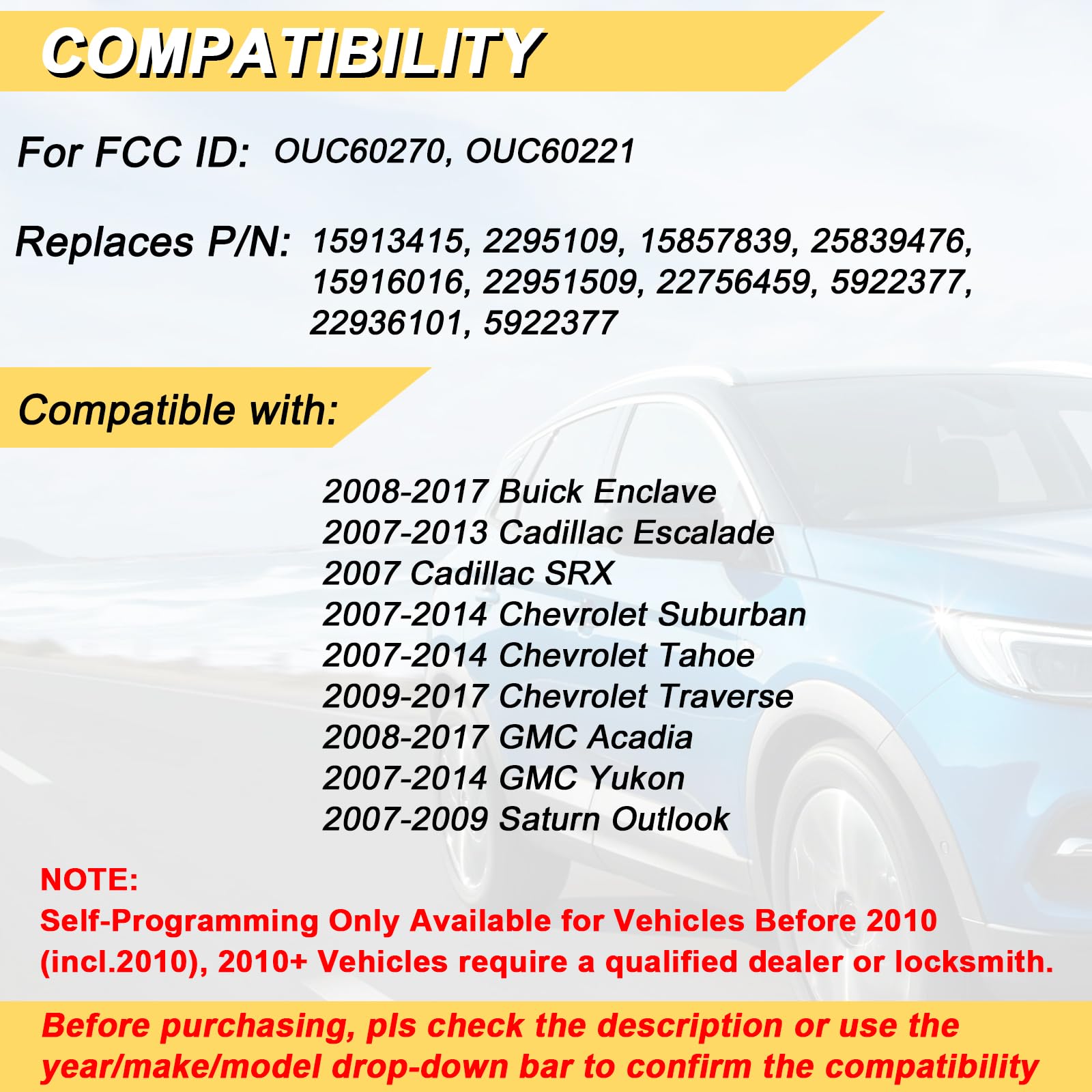 Vurkcy Key Fob Replacement For 07-14 Chevy Suburban Tahoe/ 09-17 Traverse/ 07-14 Gmc Yukon/ 08-17 Acadia Buick Enclave/ 07-13 Es