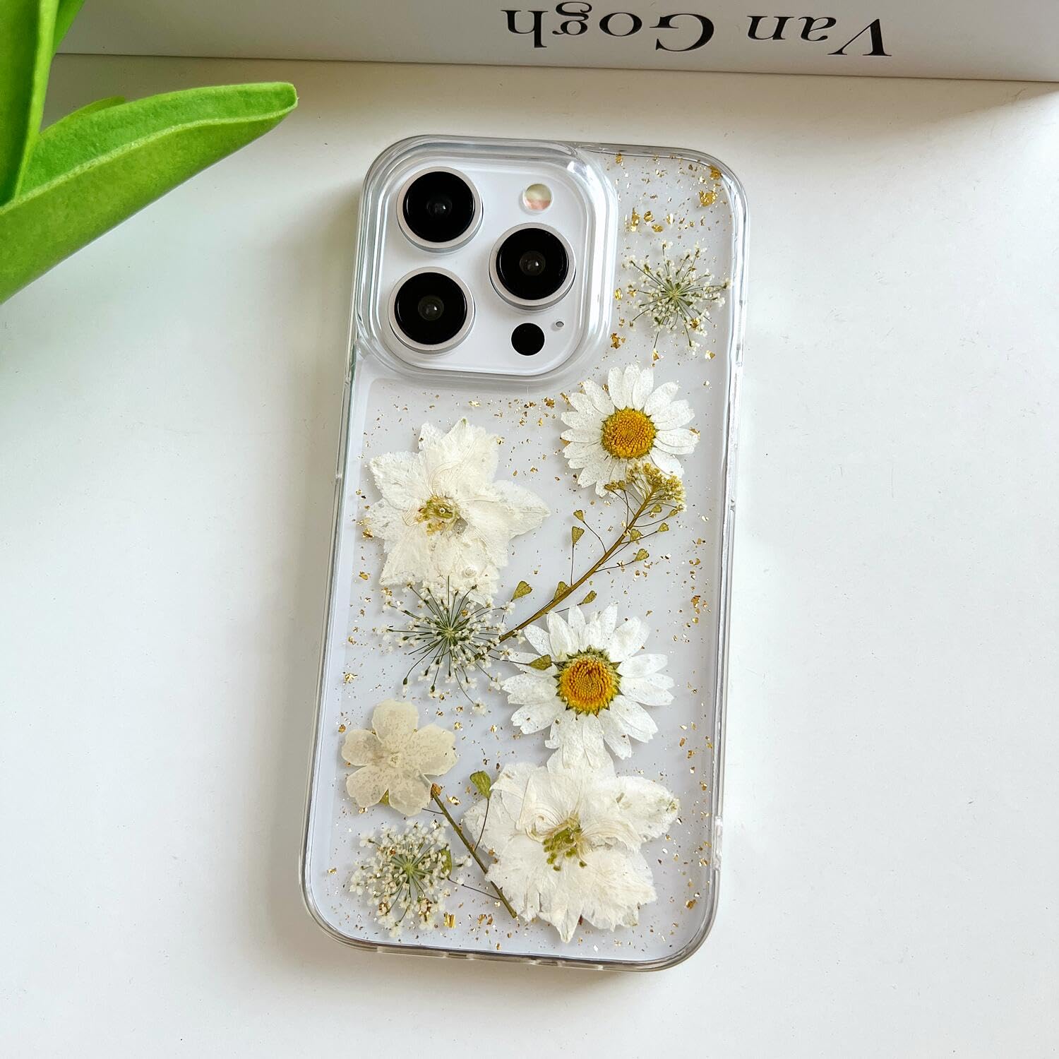 Lseeka For Iphone 14 Pro Clear Case With Pressed Real Flowers Design,Glitter Cute White Floral Pattern Slim Soft Tpu Protective