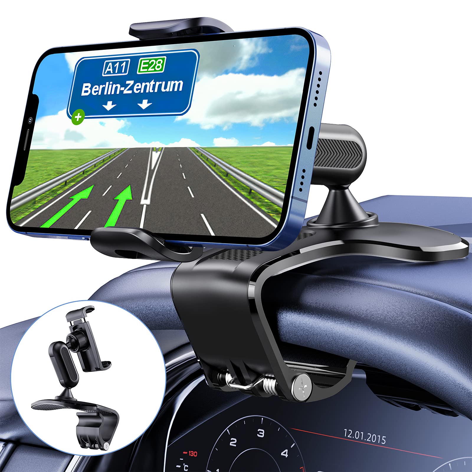 360 Degree Rotation Dashboard Cell Phone Holder For Car Clip Mount Stand Suitable For 4 To 7 Inch Smartphones (Black)