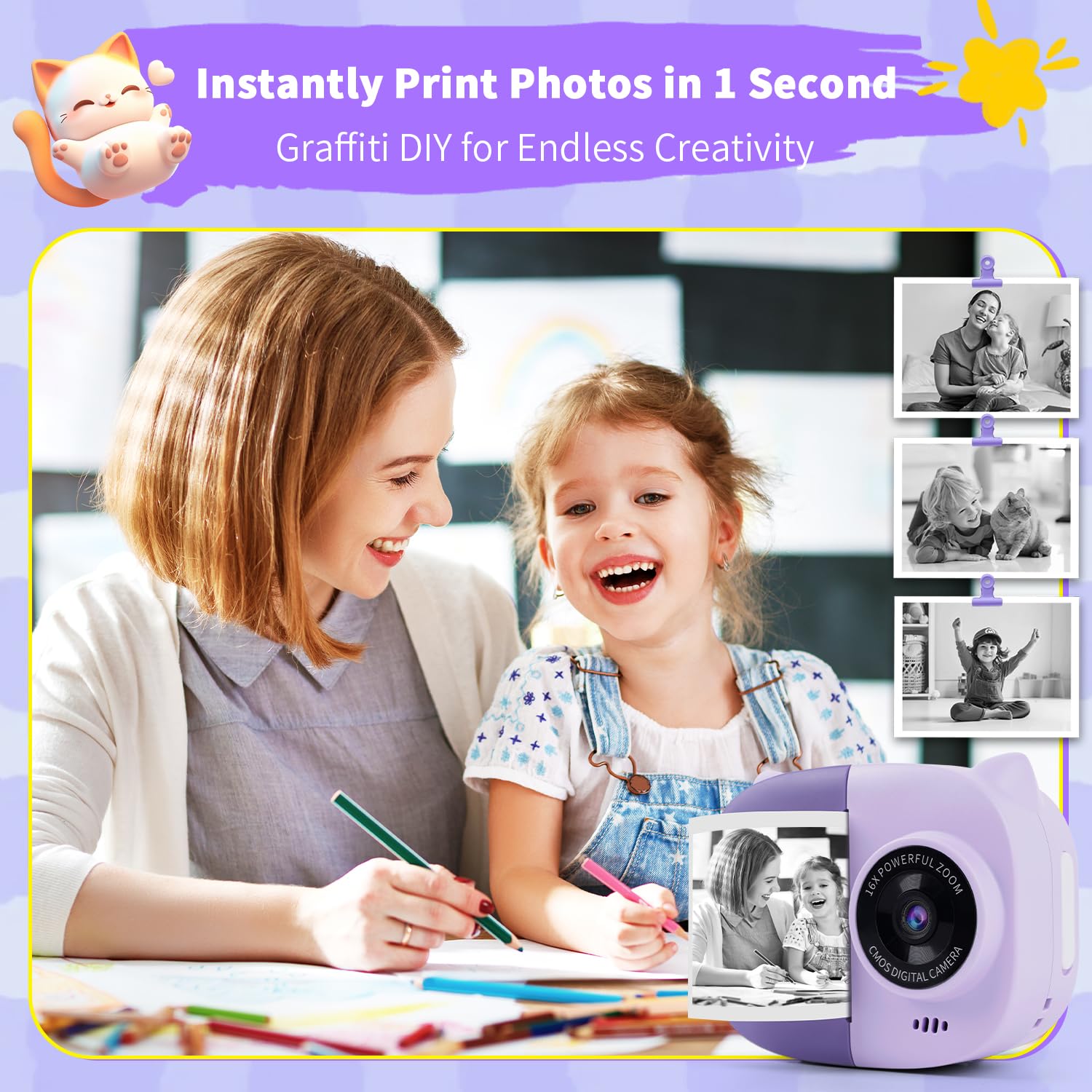 Instant Print Camera Toy For Kids, Girls Birthday Gifts For 3 4 5 6 7 8 Year Old Learning Music Story Player, 1080P Hd Dual-Lens