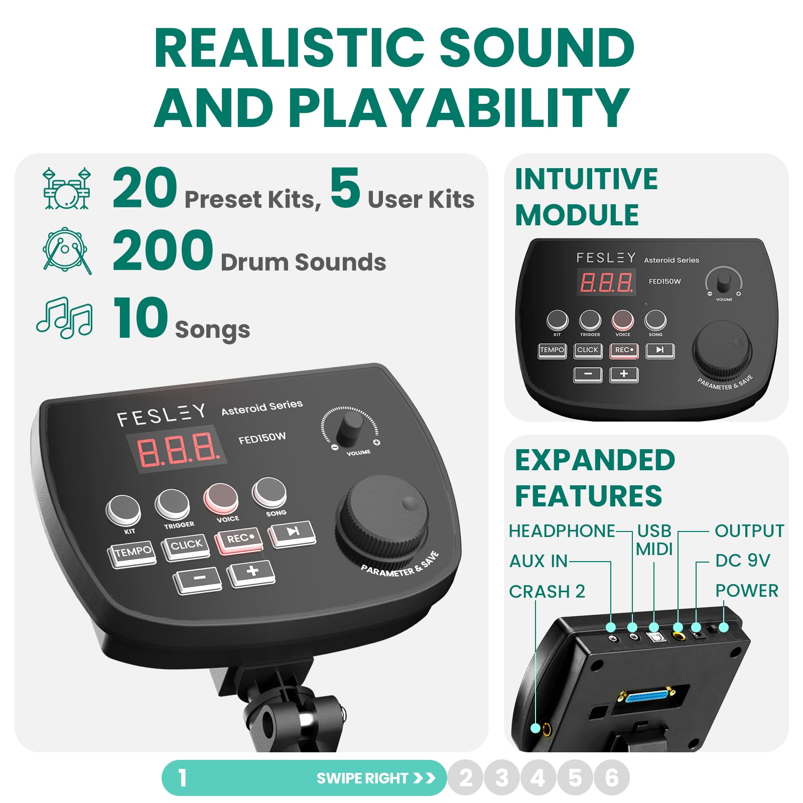 Fesley Fed150W Electric Drum Set: Dual Zone Snare Drum,2 Cymbals W/Choke, 200 Sounds, 4 Quiet Mesh Drum Pads, Portable Electroni