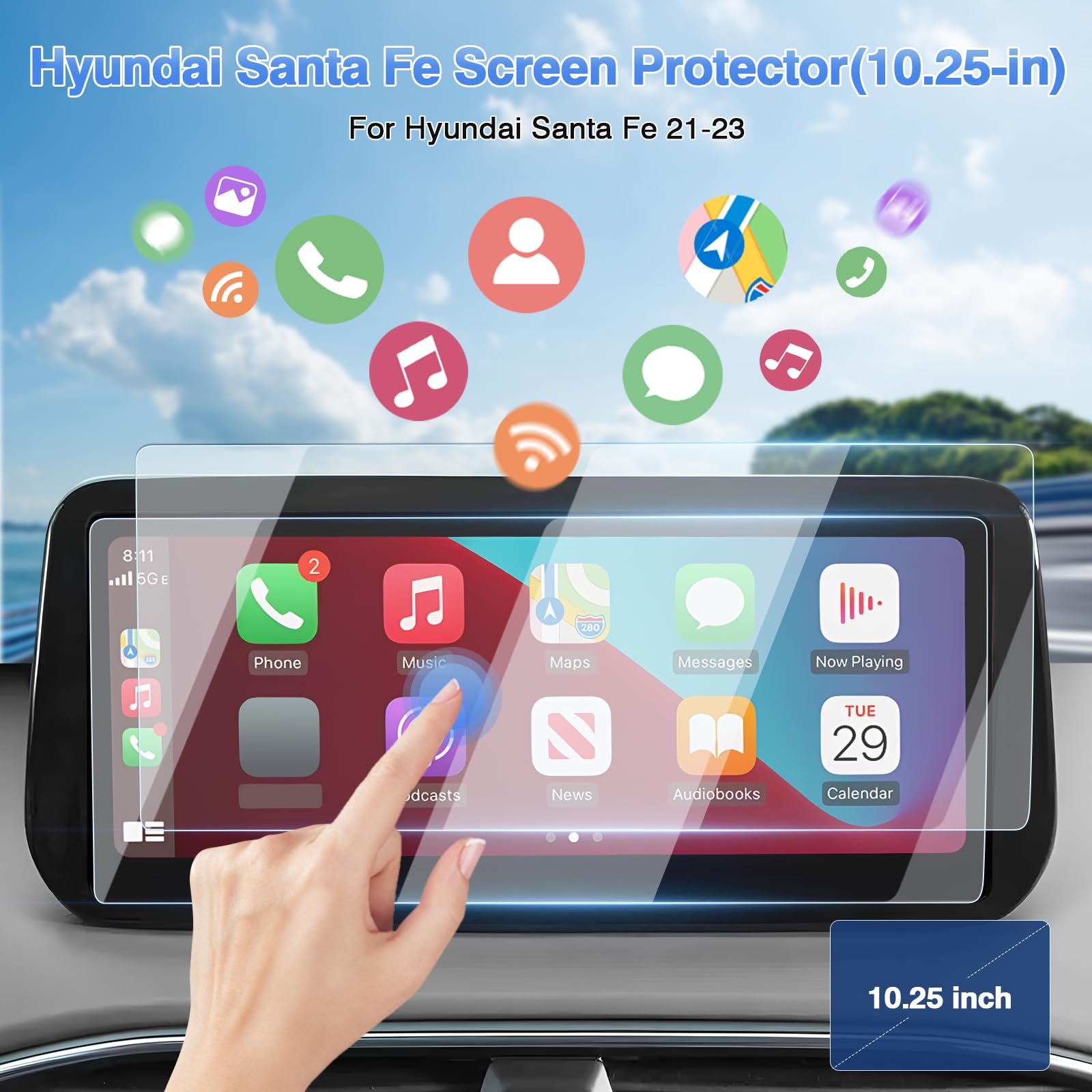 Sunsdrew 2Pcs Screen Protector For 2021 2022 2023 Hyundai Santa Fe (Sel/Xrt/Limited/Calligraphy) 10.25 Inch Touch Screen Radio Display Protector 9H Tempered Glass Protective Film Anti Glare