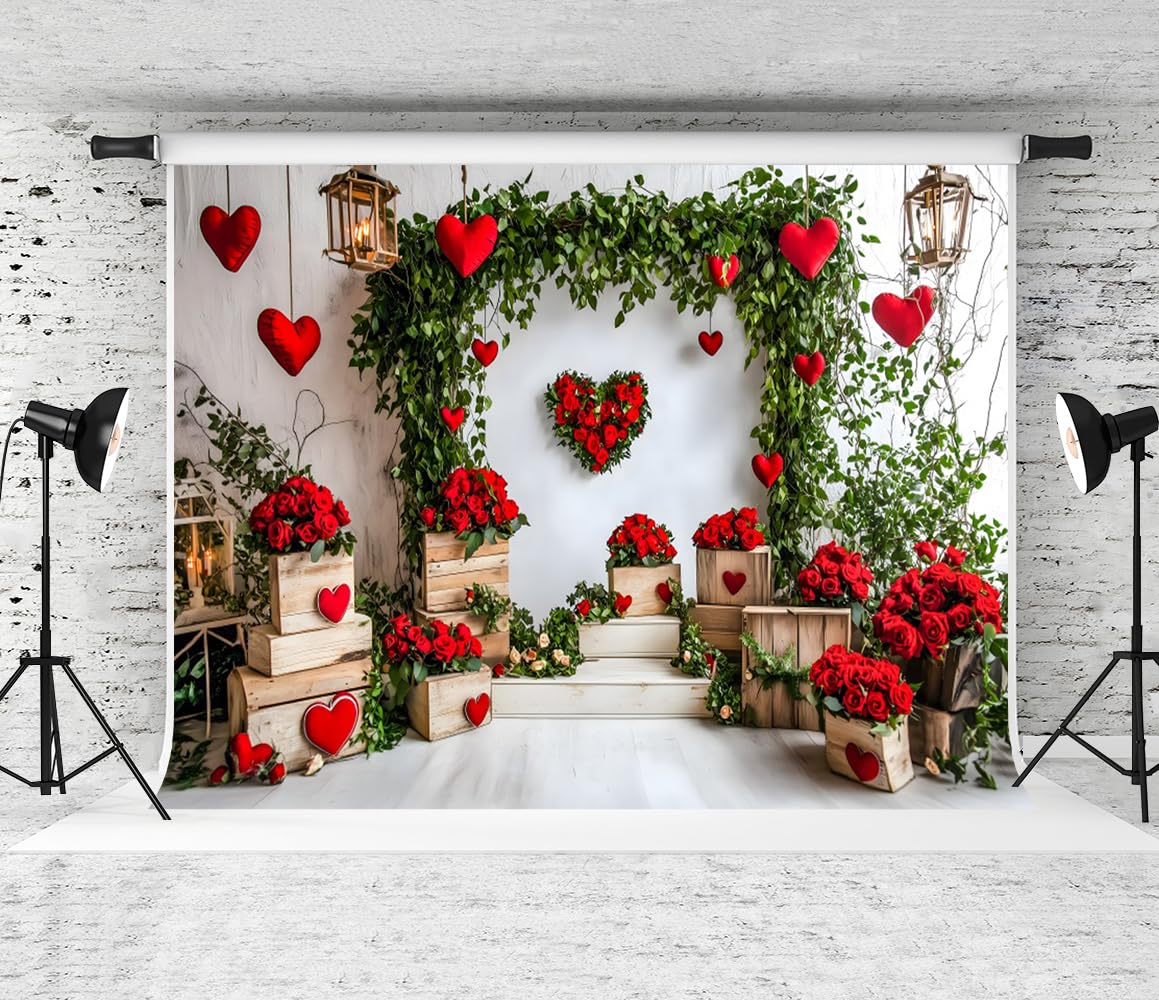 RBQOKJ 7x5ft Valentines Day Red Love Hearts Backdrop Red Rose Flowers Wooden Boxes Green Leaves Decor Photography Background Co