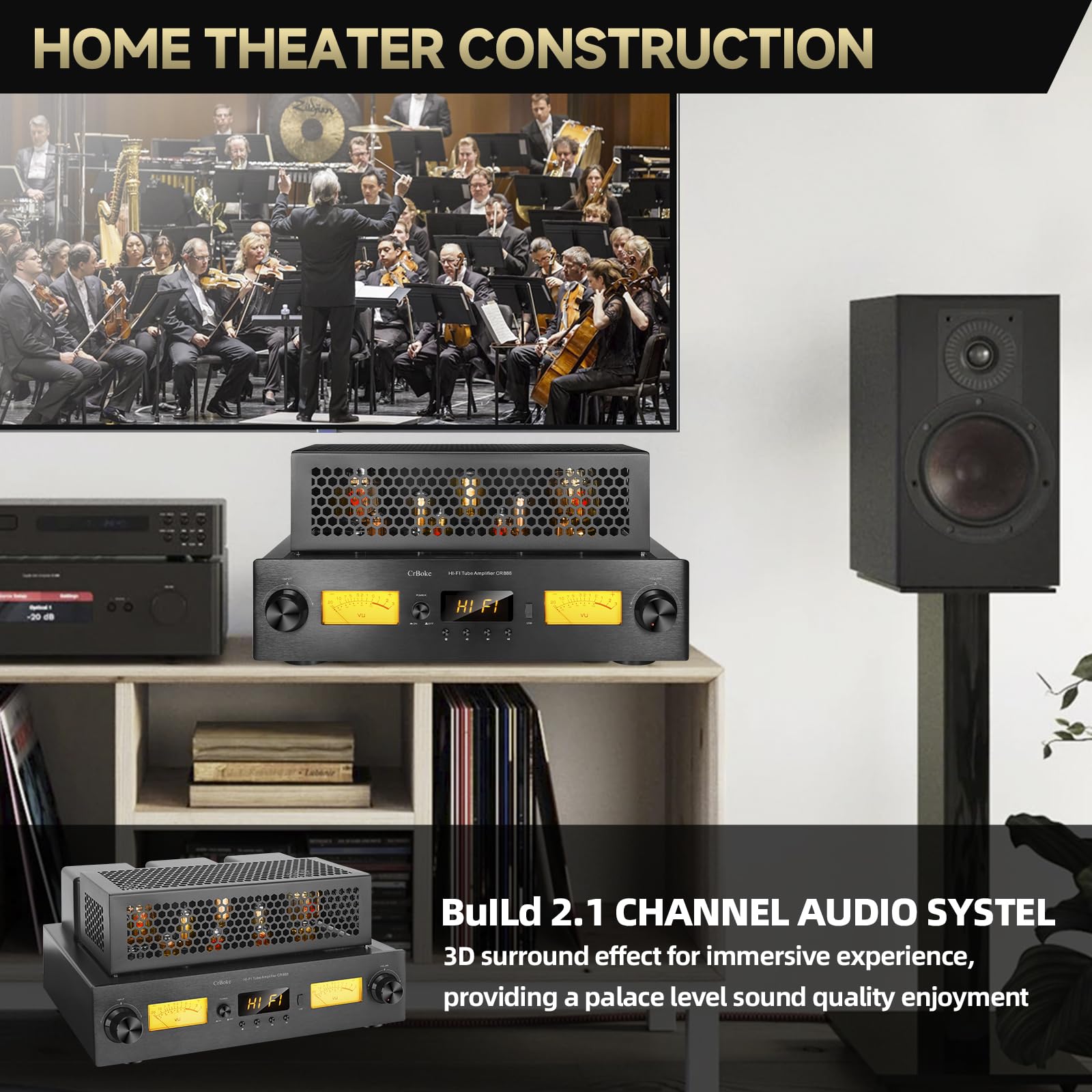 Crboke Cr888 Hi-End Class A Kt88 Single-Ended Tube Amplifier With Built-In Aptx-Hd Bluetooth And Active Subwoofer Outpu