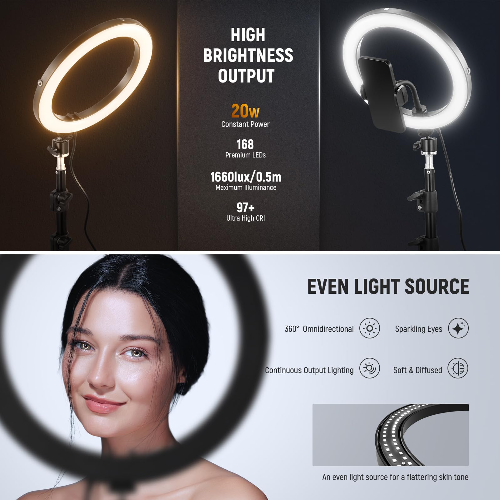 Neewer 10 20W High Power Led Ring Light For Phone With 71 Tripod Stand, Bi Color Ringlight, Phone Holder Compatible With Iphone