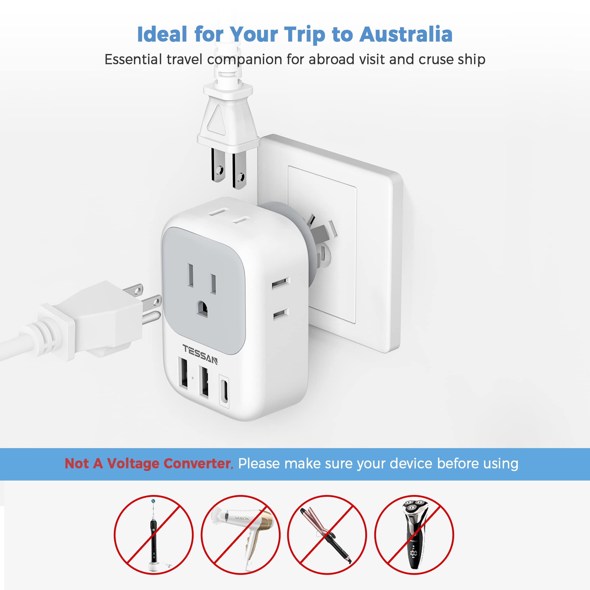Australia Plug Adapter, Tessan Australian Power Adaptor With 4 Outlets 3 Usb Charging Ports (1 Usb C), Type I Plug For Us To New