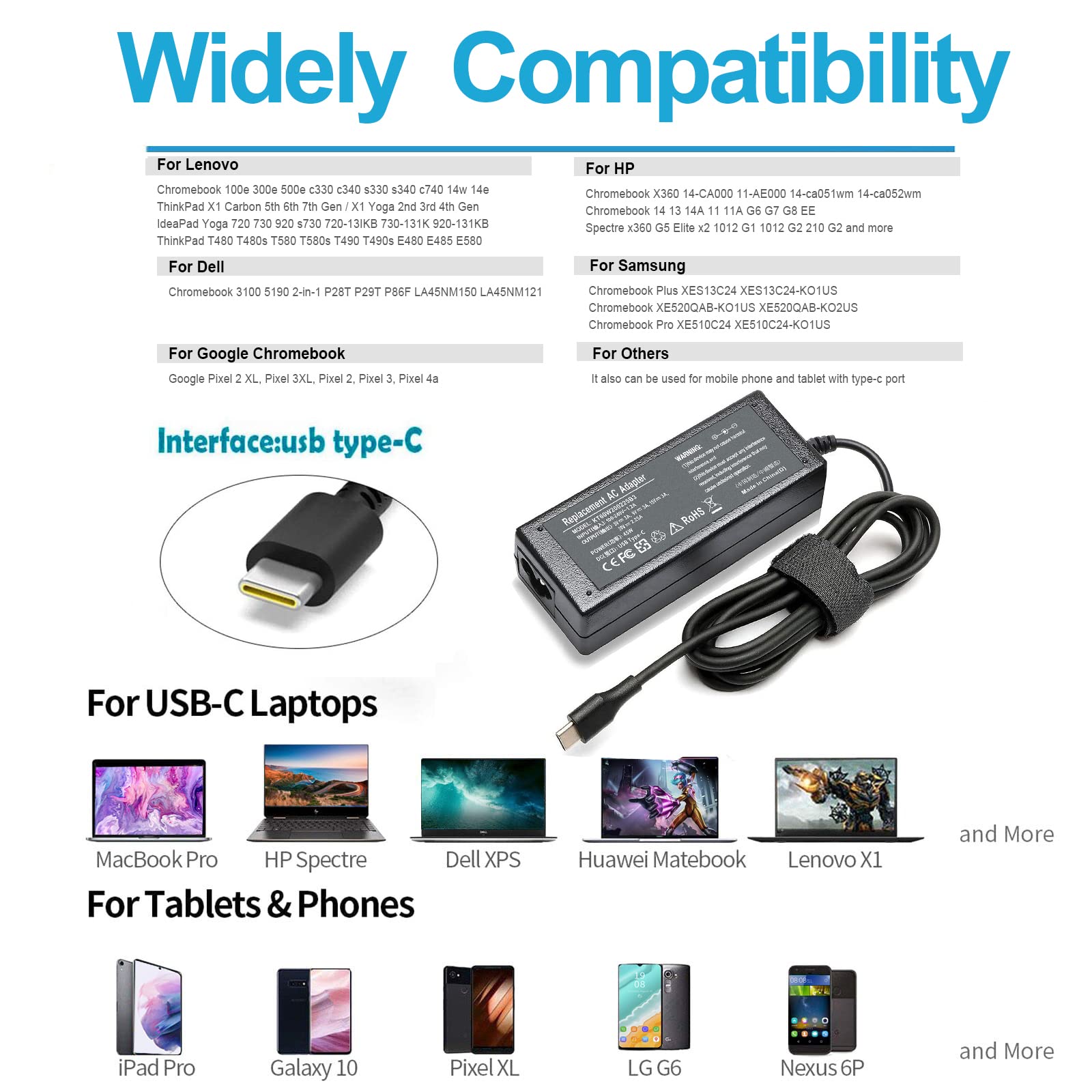 45W Usb C Laptop Charger For Acer Chromebook R13 11 13 15 311 315 Cp311 Cp713 C933 Cb5 312T R751T Sf713 Sp714 N17Q5 N17P6 N16Q10 N16Q14 N16Q12 N18Q1 N15Q13 Pa 1450 78 A16 045N1A Ac Adapter Power Cord