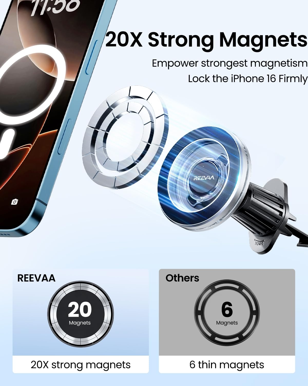 Reevaa For Magsafe Car Mount [Strongest Magnet Power] Magnetic Phone Holder For Car Vent, 360 Adjustable Magnetic Car Mount Acce