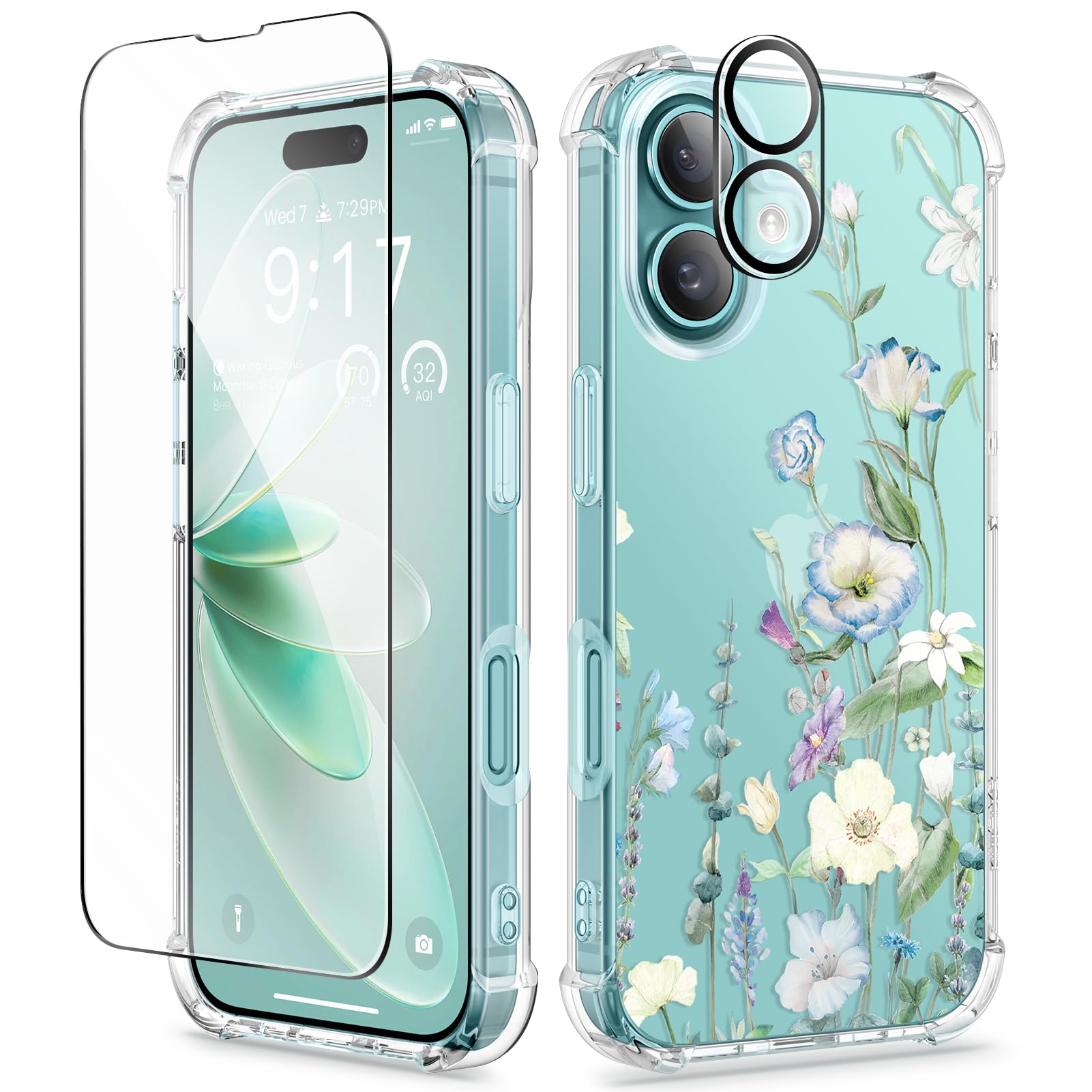Gviewin For Iphone 16 Case, With Screen Protector & Camera Lens Protector, Floral Shockproof Protective Bumper Slim Soft Clear P