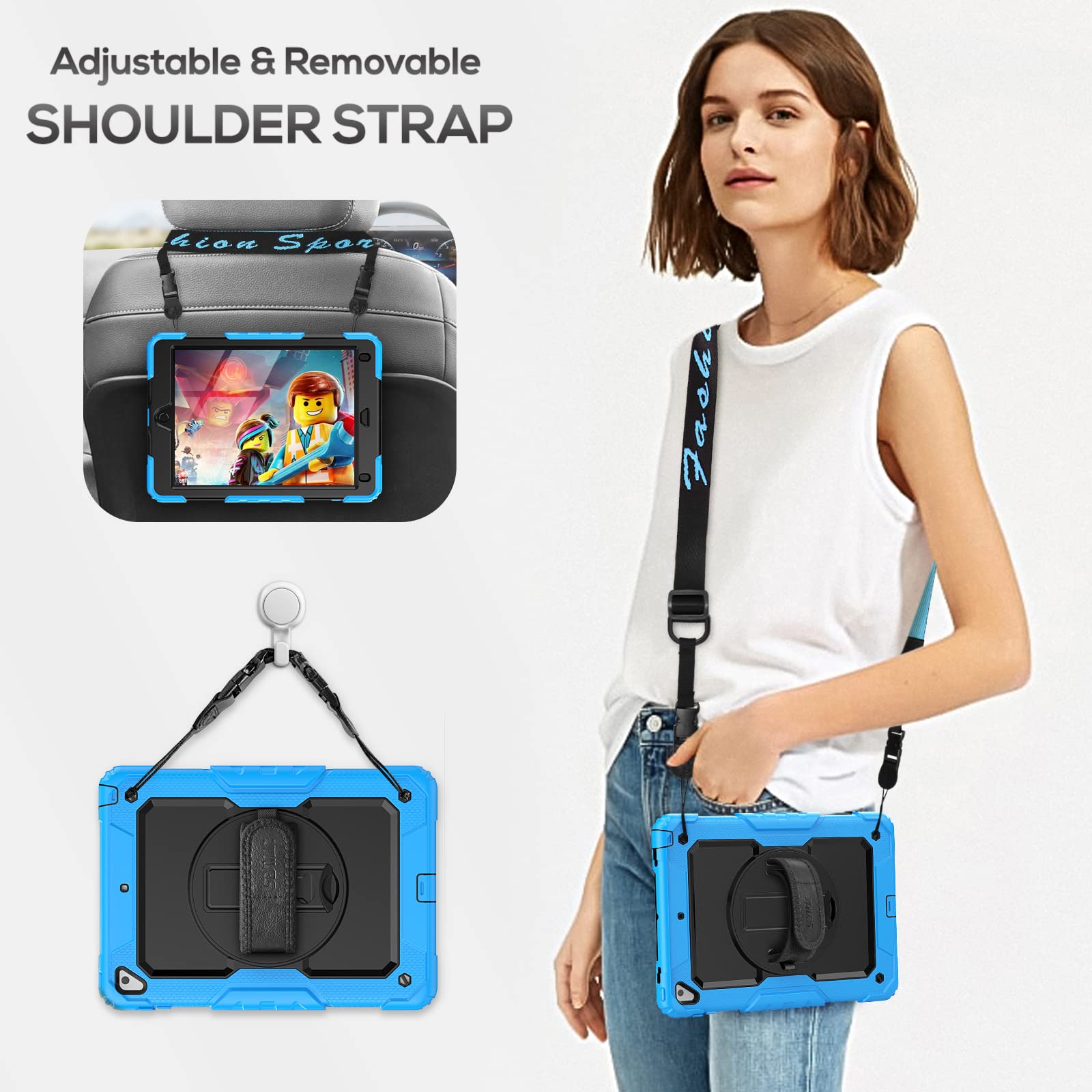 Seymac Case For Ipad 6Th/5Th Generation Case 9.7 Inch For Kids, Full Body Shockproof Heavy Duty Protective Case With Screen Protector, Stand/Hand/Shoulder Strap For Ipad Air 2/ Pro 9.7, Light Blue