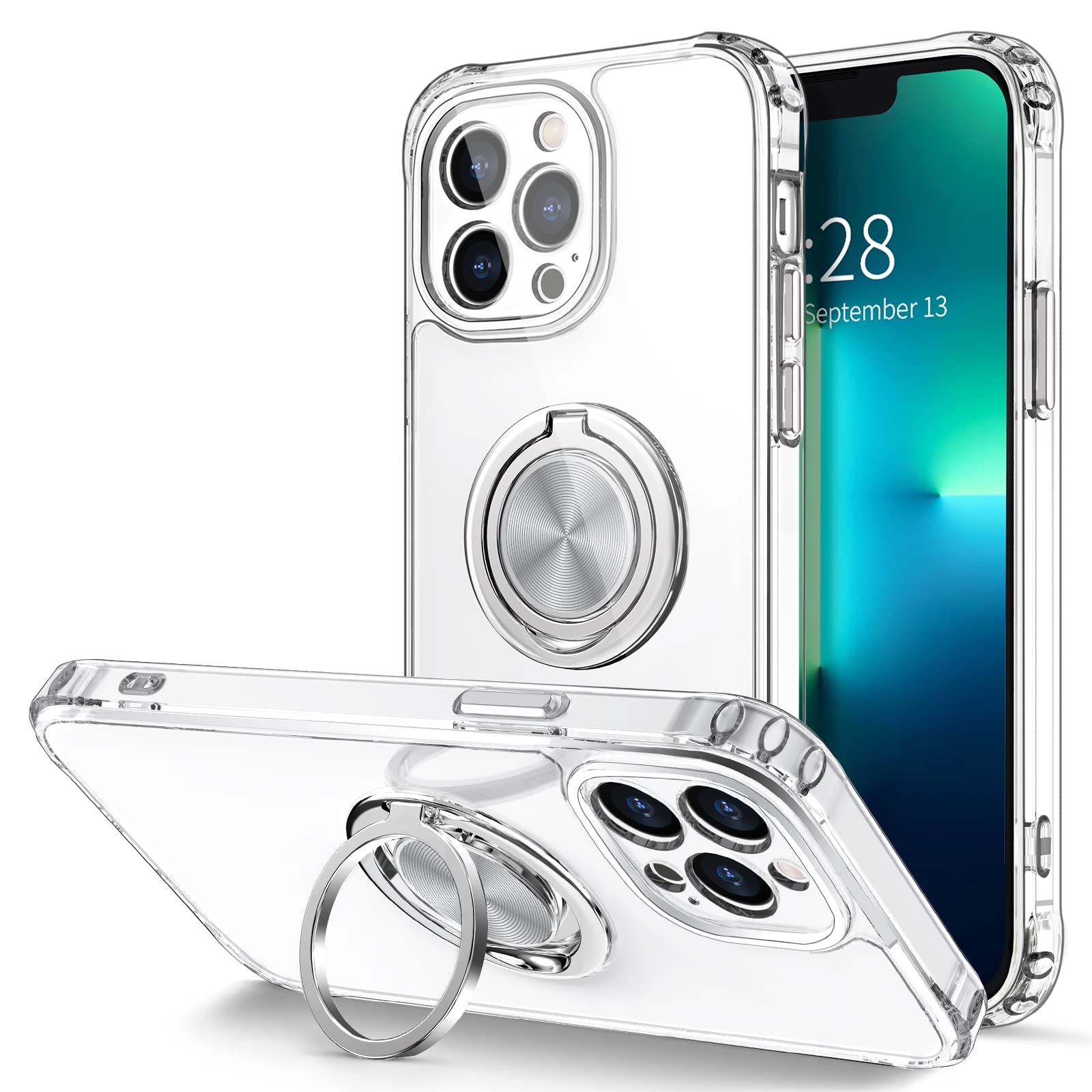 Hython For Iphone 13 Pro Max Case With Ring Stand [360 Rotatable Ring Holder Magnetic Kickstand] [Support Car Mount] Transparent
