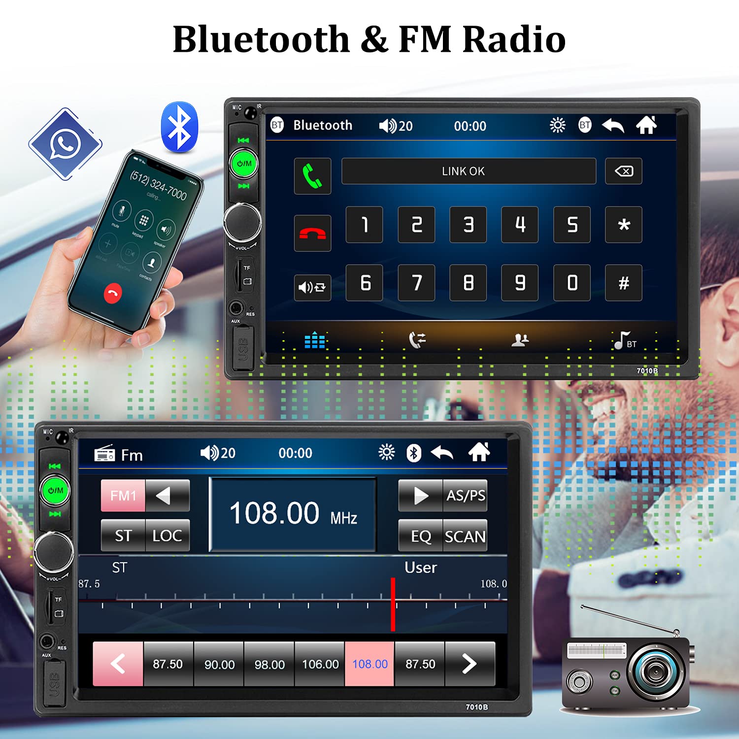 Double Din Bluetooth Car Stereo 7 Inch Car Mp5 Player Digital Touch Screen Display Multimedia Fm Radio Receiver Usb/Aux In/Sd In 2 Din Autoradio Phone Mirror Link Support Backup Camera+Remote Control