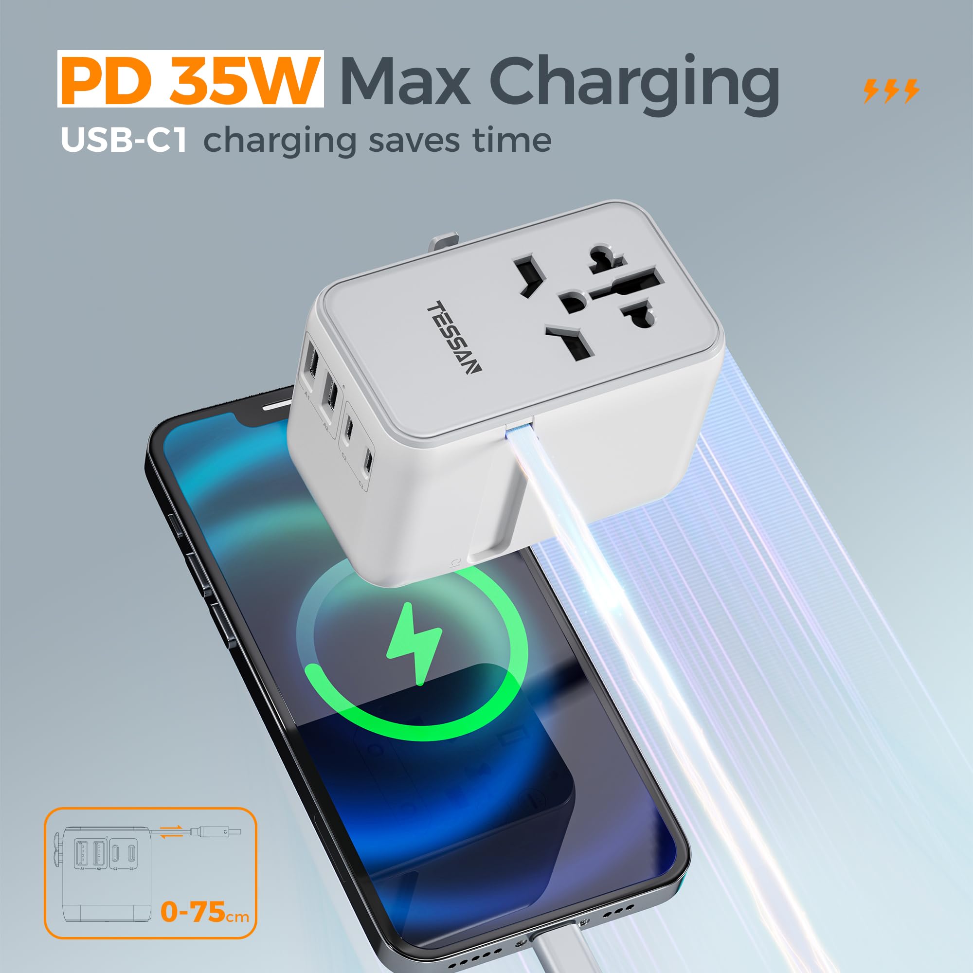 Universal Travel Adapter, Tessan 35W International Plug Adapter Built In 1 Usb C Cable, 4 Usb Ports Travel Adaptor Worldwide For