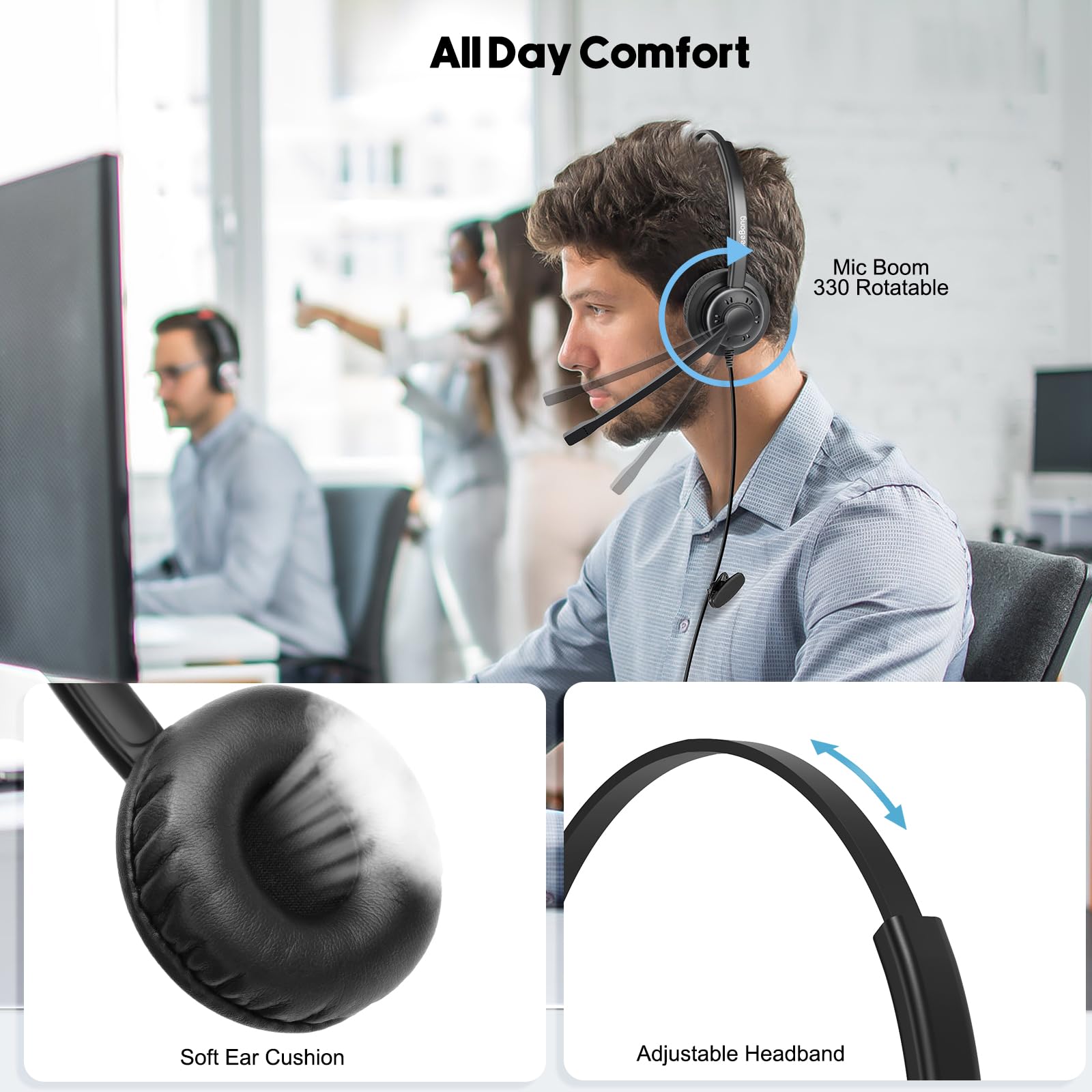 Beebang Telephone Headset With Pro Noise Canceling Microphone, Mono Rj9 Phone Headset For Office Call Center Landline Deskphone,