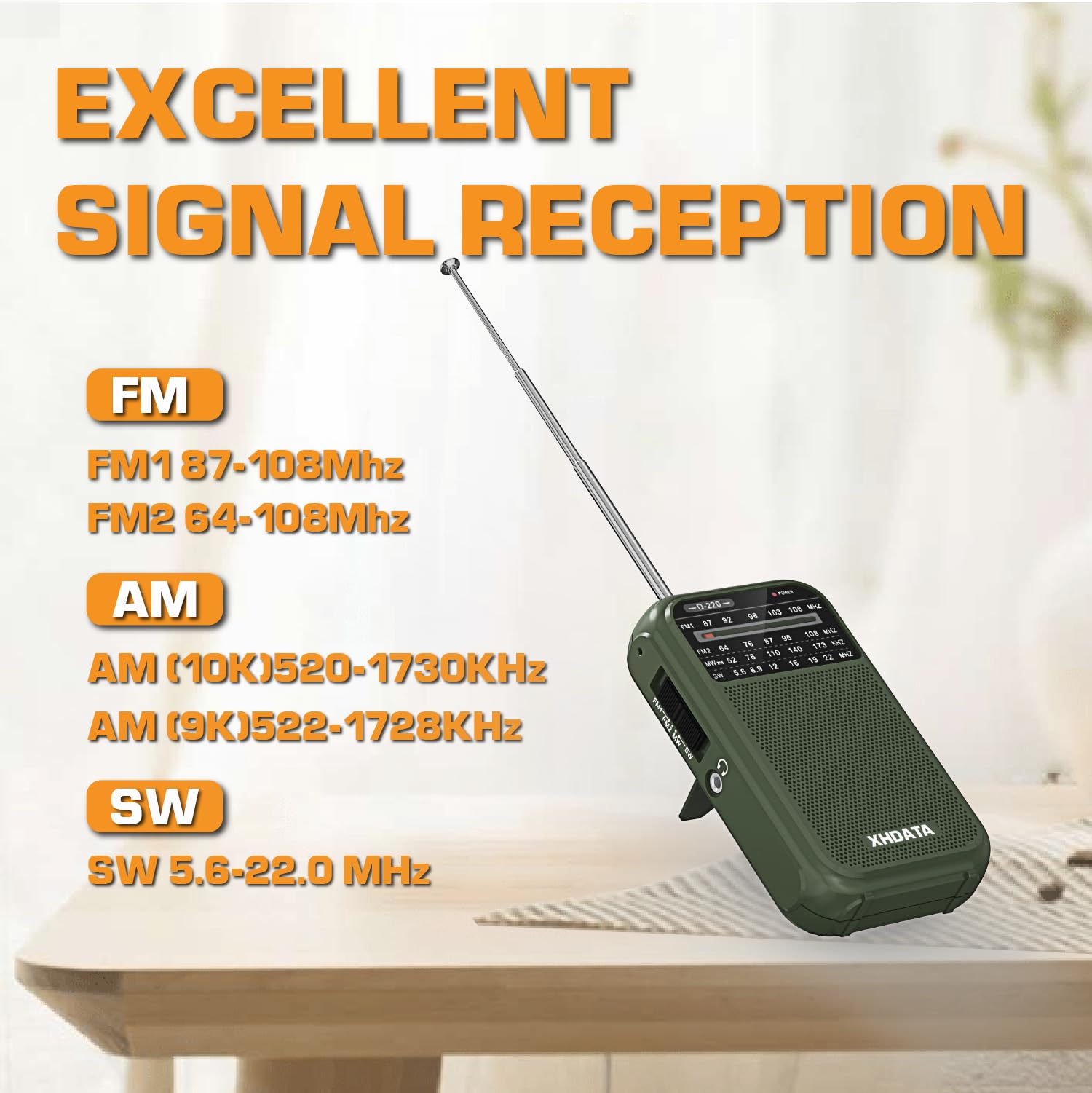 Xhdata D220 Portable Radio Am Fm Sw Radio Battery Operated Radio, Shortwave Radio With Headphone Jack, Excellent Reception Trans