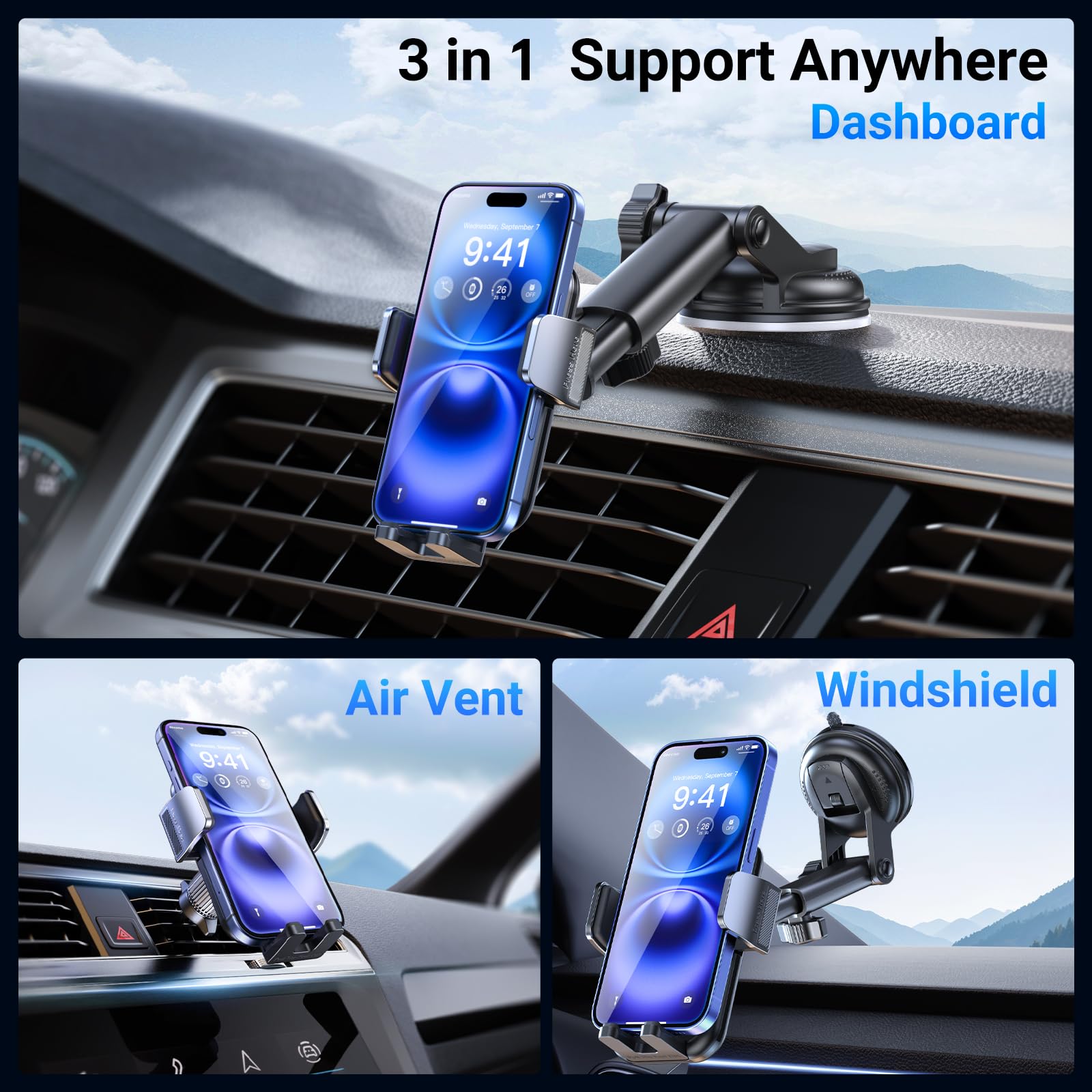 3-In-1 Car Phone Holder [122+Lbs Strongest Suction & Stable Clamp Arm] 360 Adjustable Car Phone Mount, Cell Phone Holders For Yo