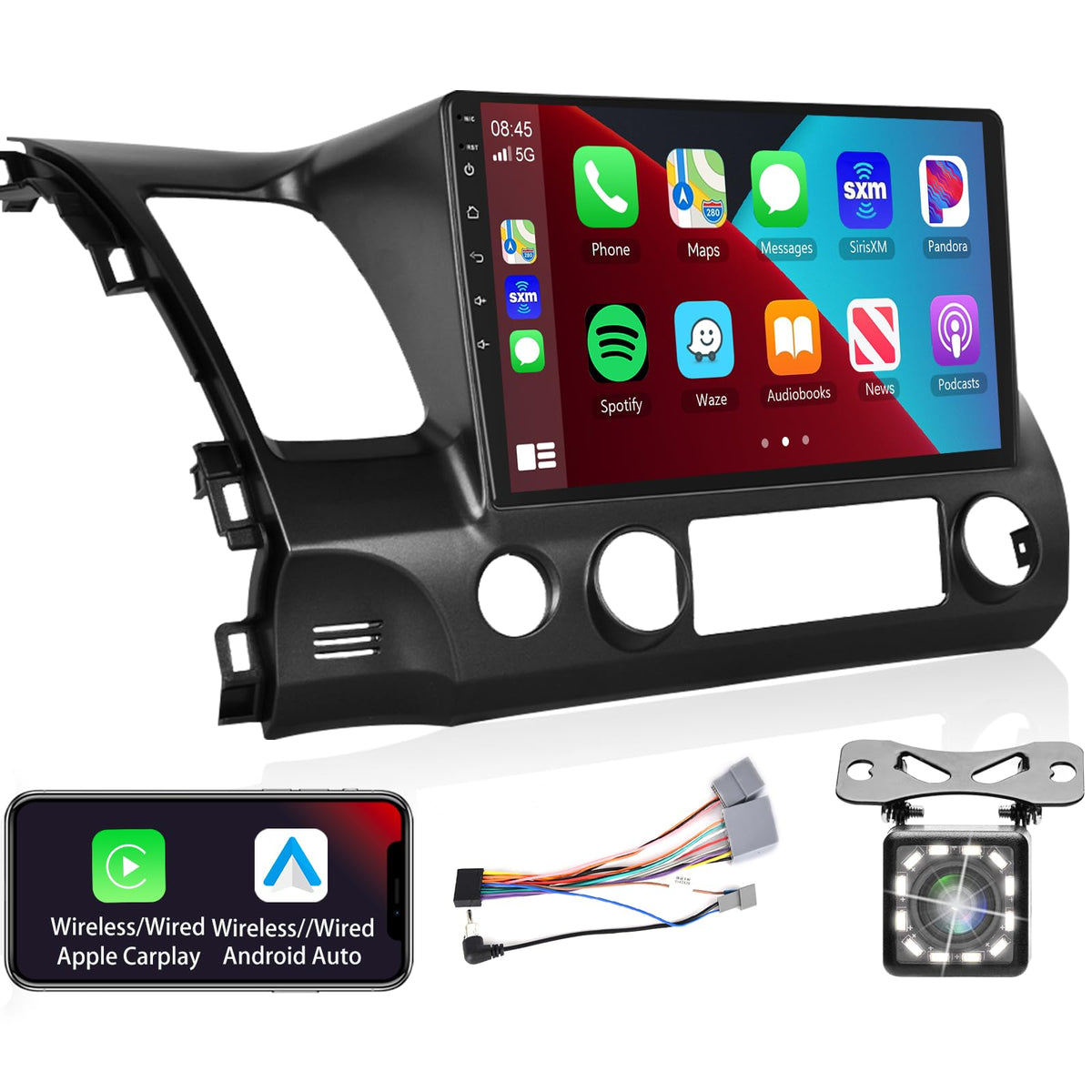 Podofo Car Stereo Radio With Wireless Carplay Android Auto For Honda Civic 2006 2007 2008 2009 2010 2011 10.1 Inch Android Touch Screen Bluetooth Radio With Gps Navigation Wifi Hifi/16Eq Backup Camera