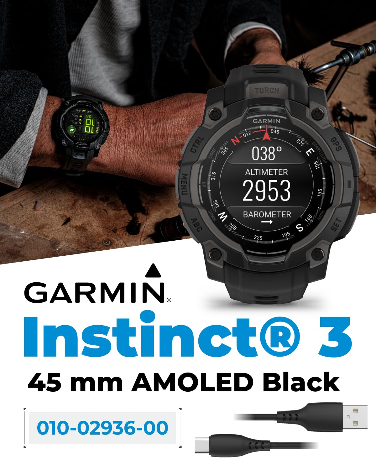 Wearable4U Garmin Instinct 3 45Mm, Amoled Display, Rugged Outdoor Gps Smartwatch, Metal Reinforced Bezel, Built In Flashlight, U
