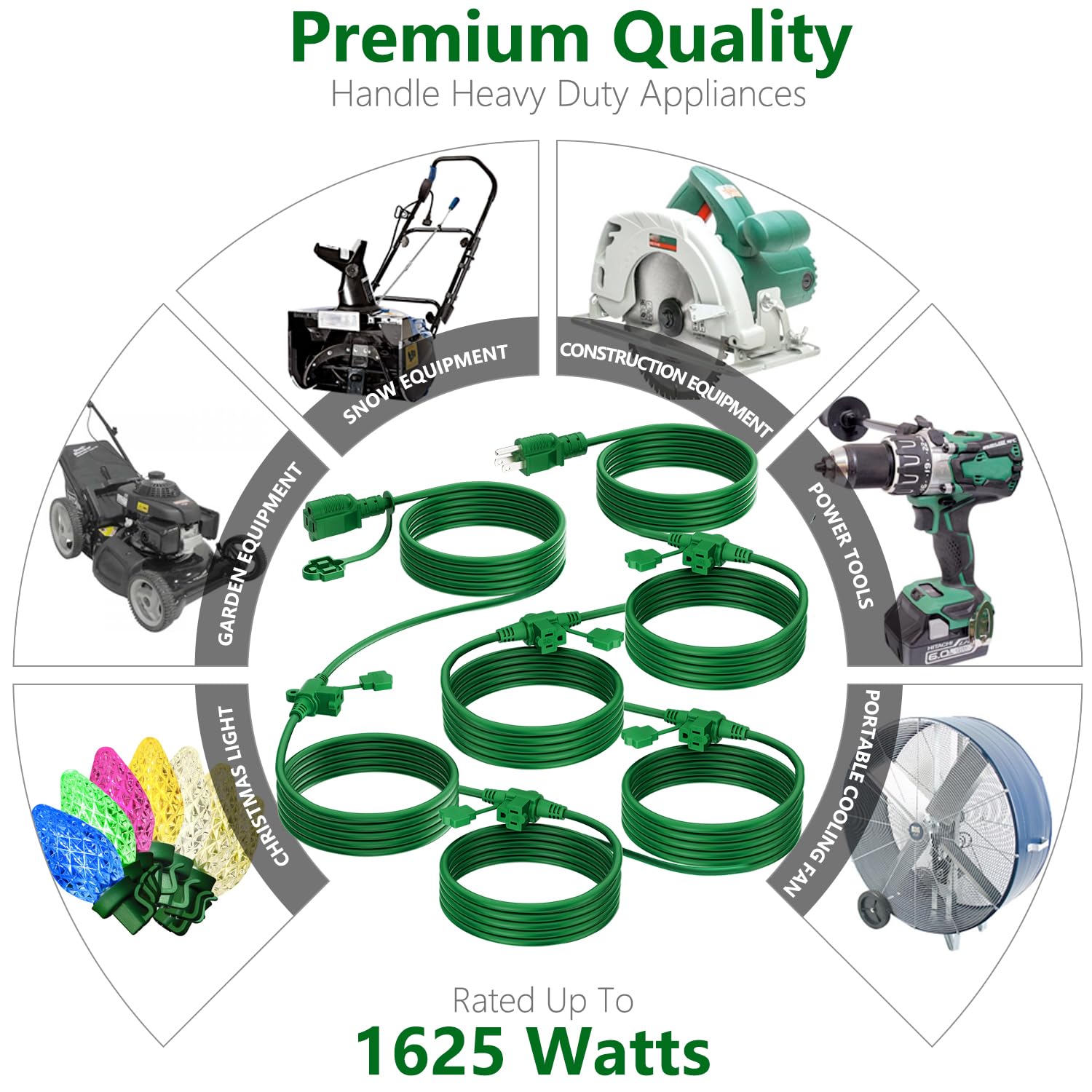 K Kasonic   Outdoor Extension Cord 50 Ft, Evenly Spaced 6 Outlets Plugs, 16/3 Sjtw Weatherproof Multiple Outlets Wire For Landsc