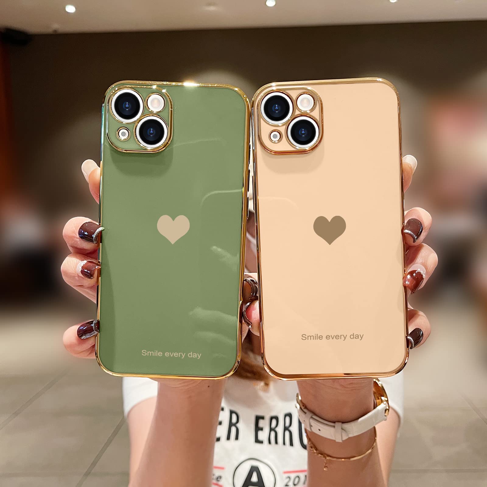 Teageo Iphone 13 Case For Women   Cute Love Heart Bling, Soft Silicone Bumper, Camera Protection, Light Green