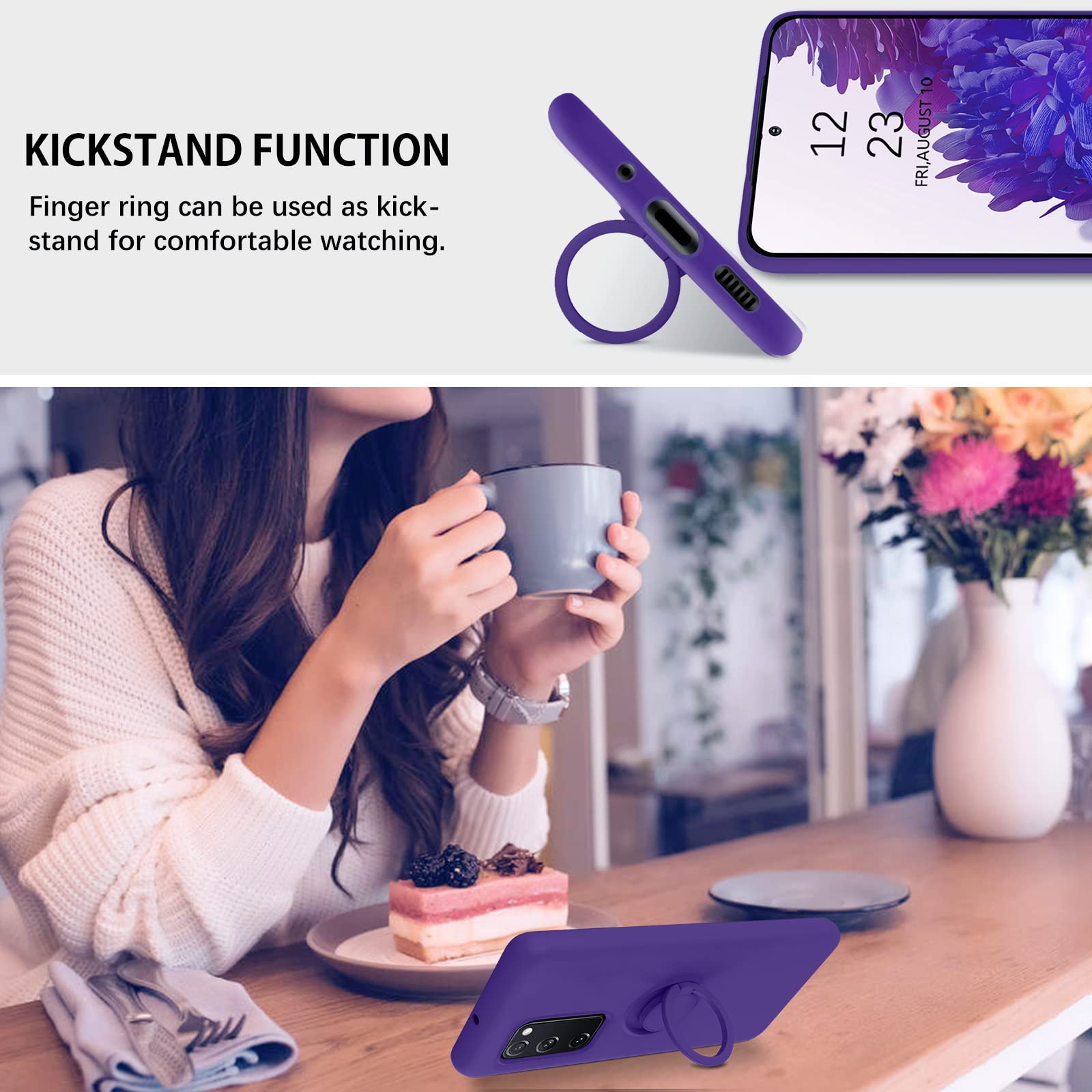 DUEDUE Samsung Galaxy S20 FE 5G/4G Case Liquid Silicone Ring Kickstand Car Mount Shockproof Dark Purple 6.5"