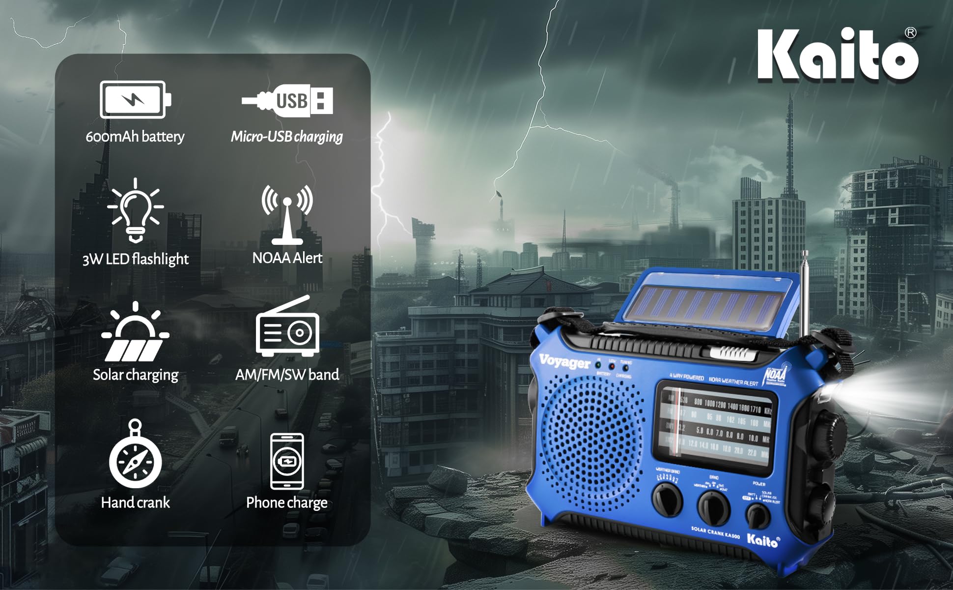 Kaito Ka500Bu 5 Way Powered Emergency Am/Fm/Sw Weather Alert Radio, Blue
