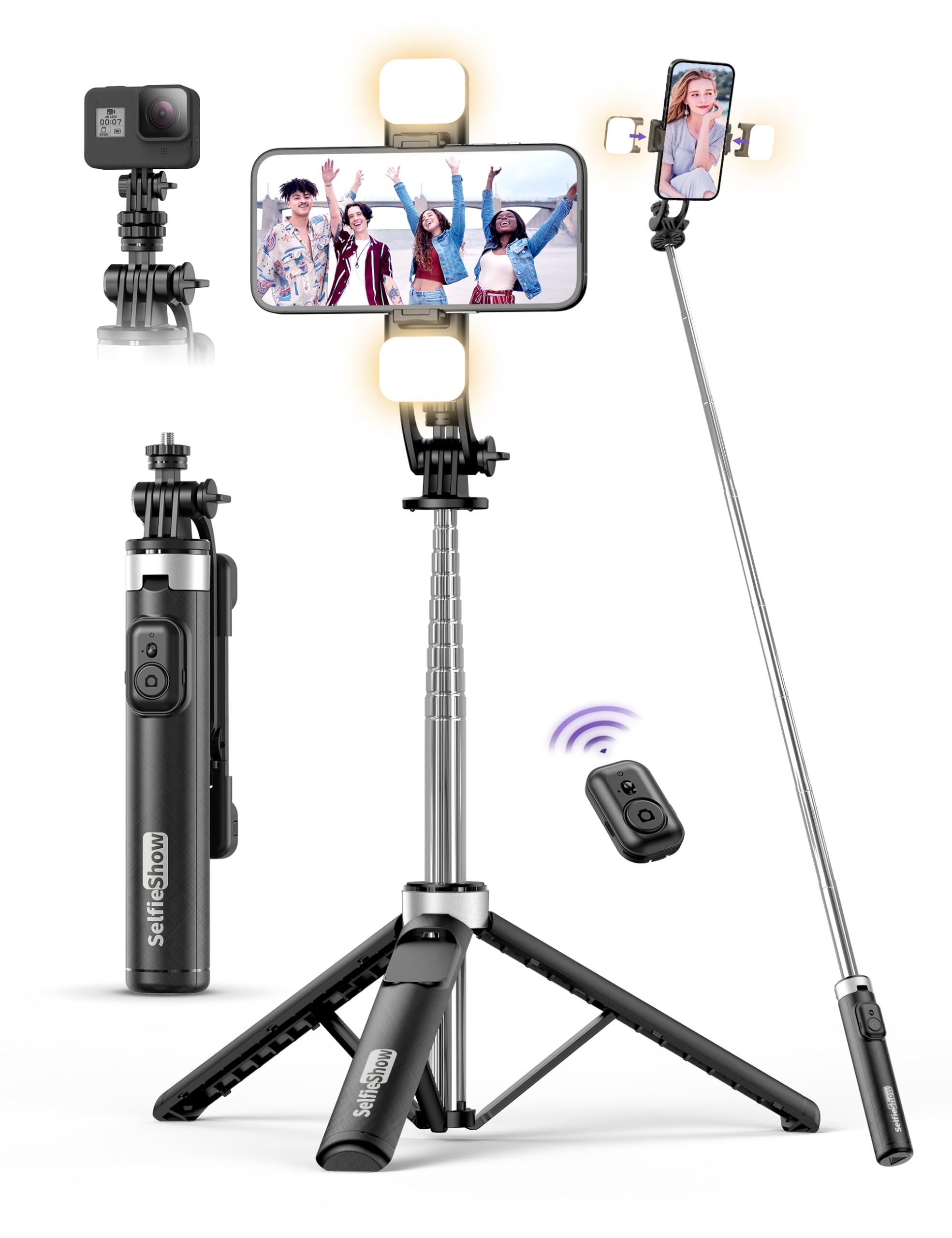 53 Selfie Stick Tripod with Light, Extendable Selfie Stick with Remote, Portable Cell Phone Tripod Stand with All in 1 Phone C