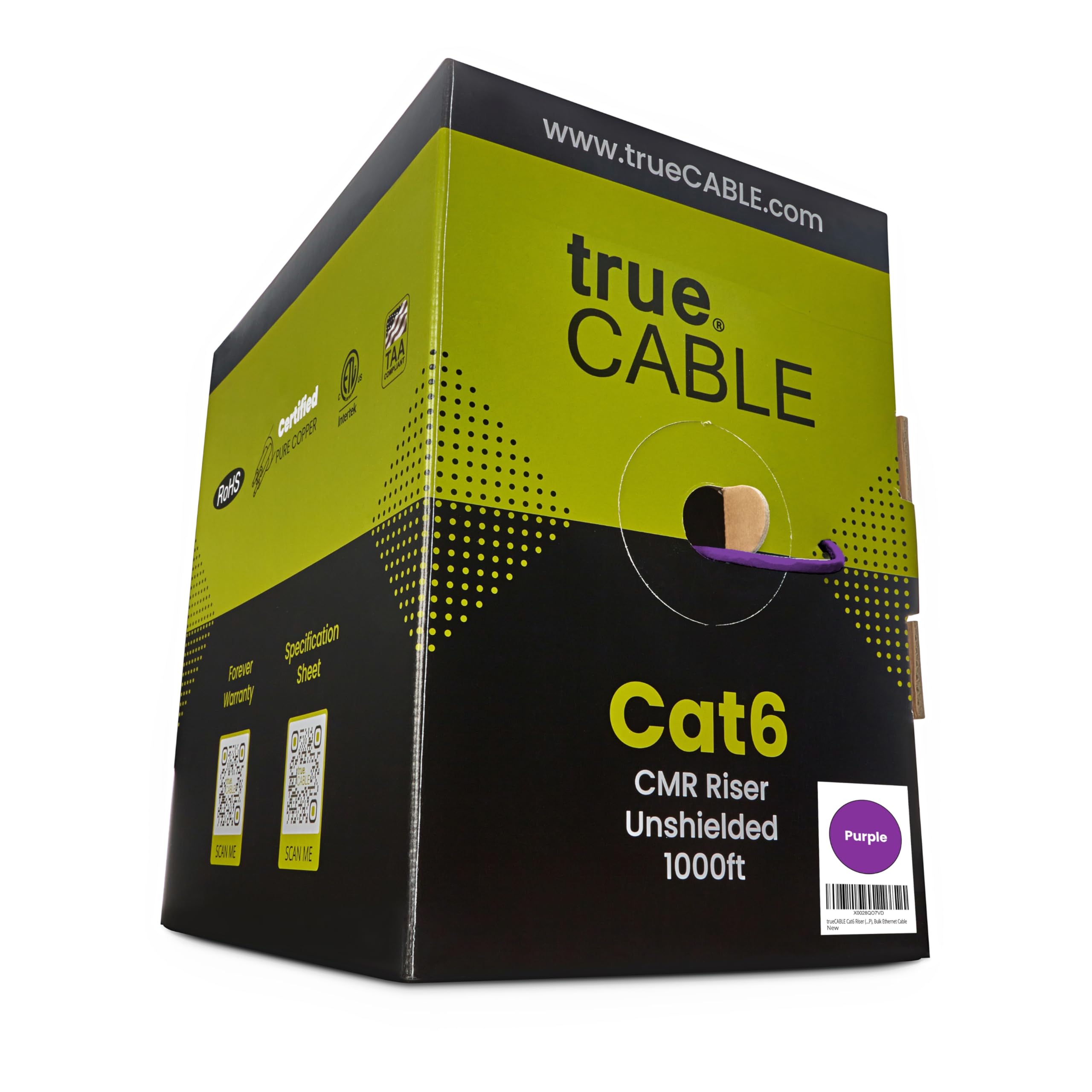 Truecable Cat6 Riser (Cmr), 1000Ft, Purple, 23Awg 4 Pair Solid Bare Copper, 550Mhz, Poe++ (4Ppoe), Etl Listed, Unshielded Twisted Pair (Utp), Bulk Ethernet Cable
