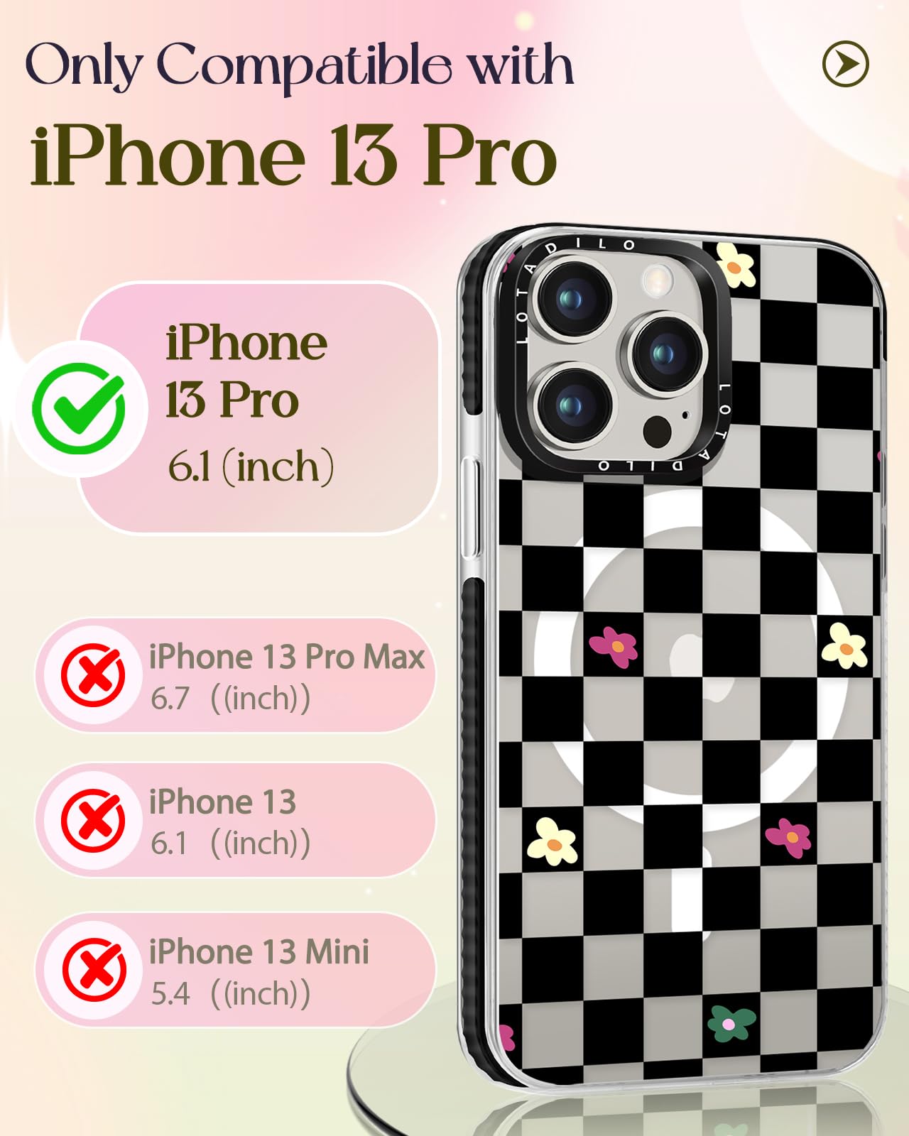 Lotadilo For Iphone 13 Pro Case For Women Girls - Cute Design Compatible With Magsafe Magnetic Ring Holder Stand Black Flower Ae