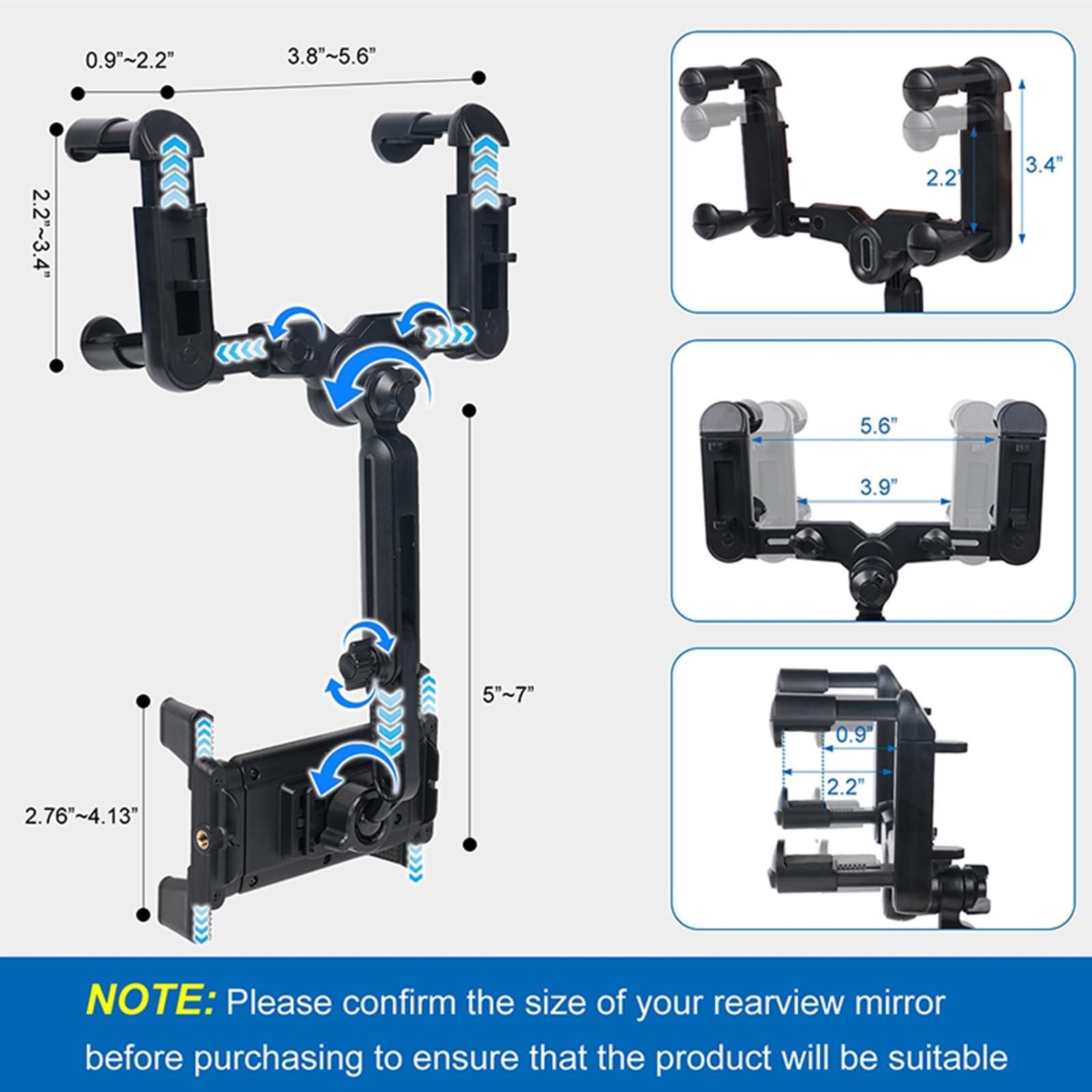 Kelofam Phone Mount For Car,Car Rear View Mirror Phone Holder, Multifunctional 360Rotatable And Retractable Tablet Holder For Ca