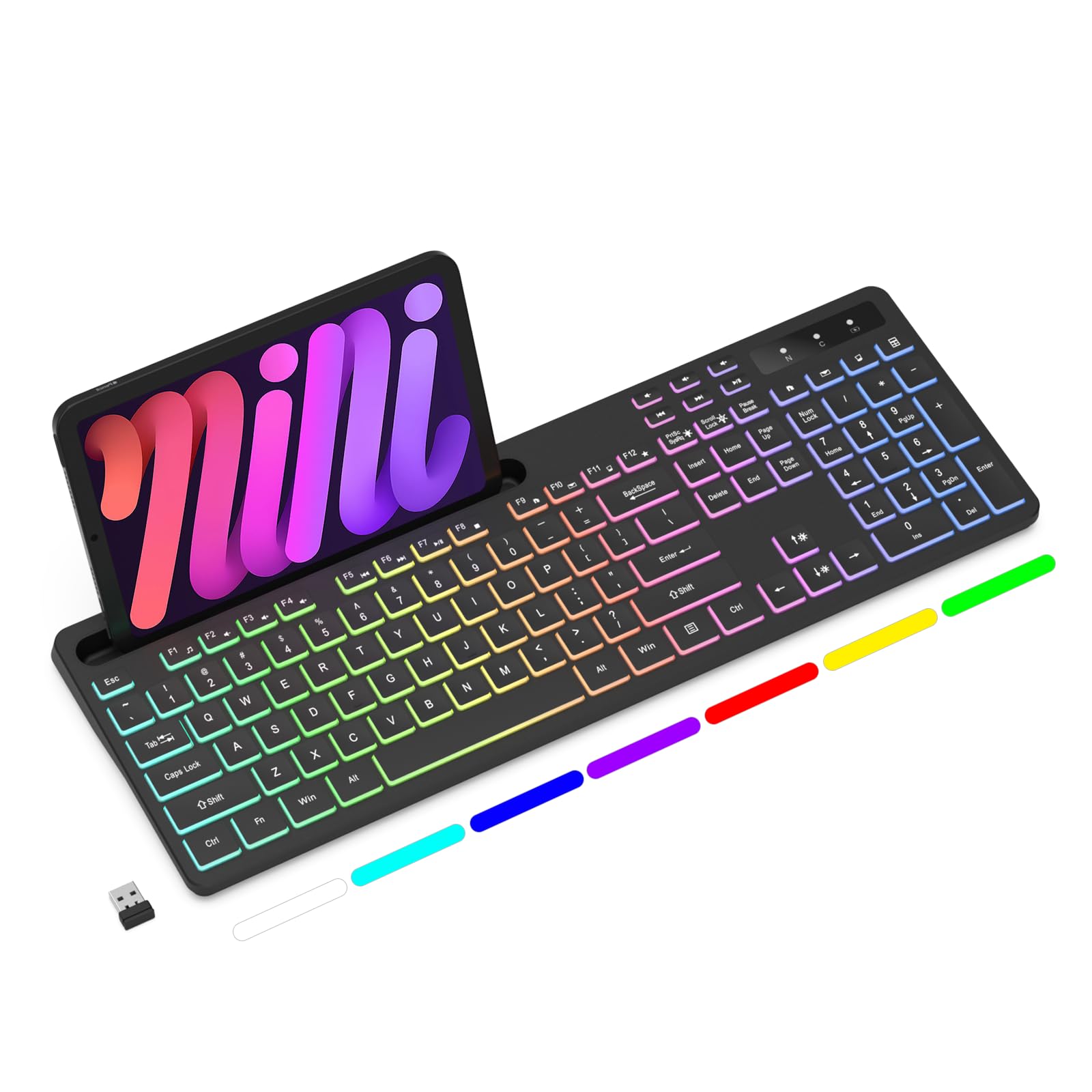 Soueto Wireless Keyboard With 7 Color Rgb Backlit, Full Size Computer Keyboard With Phone Tablet Holder, Rechargeable 2.4G Wirel