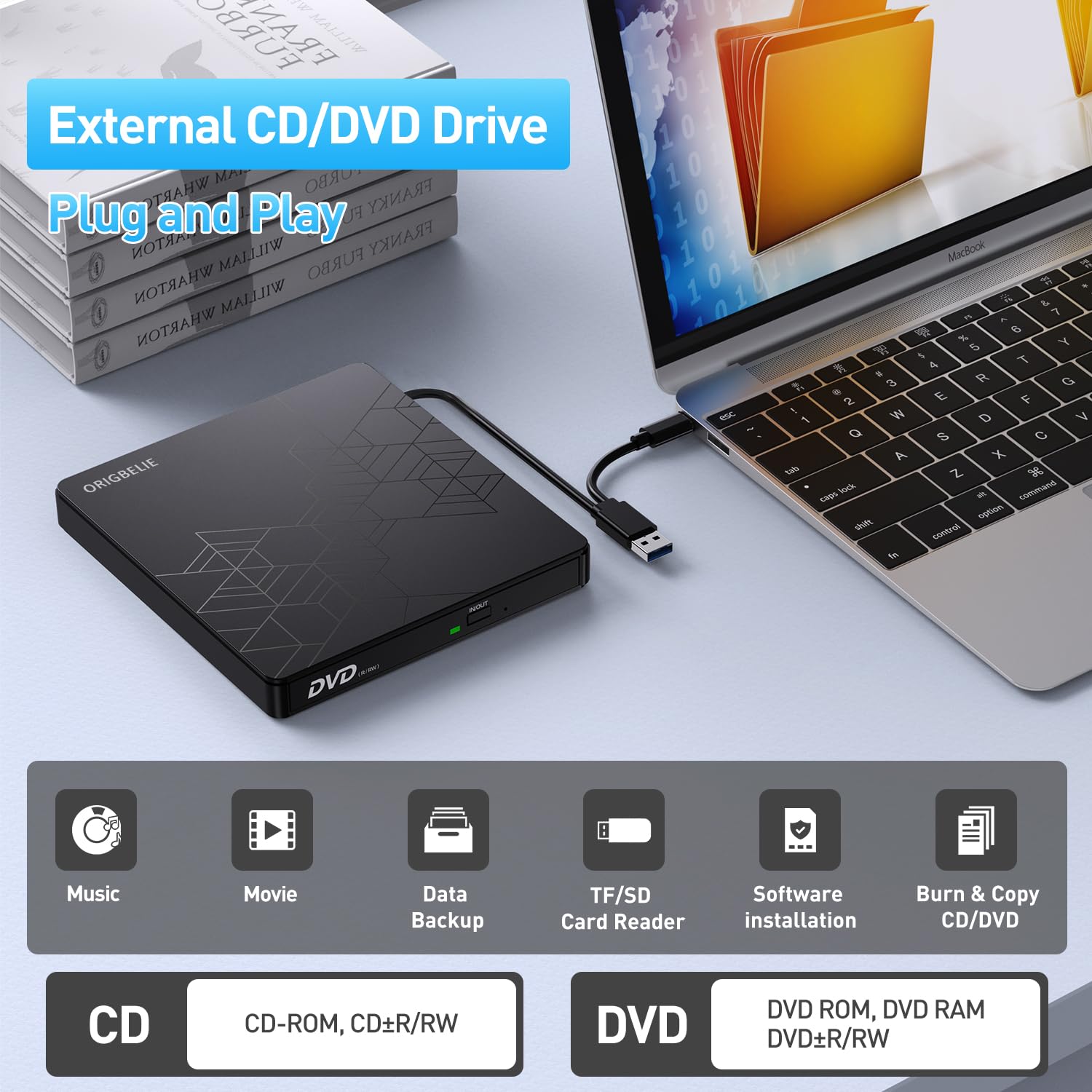 Origbelie External Dvd Drive, Usb 3.0/Type C, Cd Drive, Black, For Laptop Pc Desktop Computer