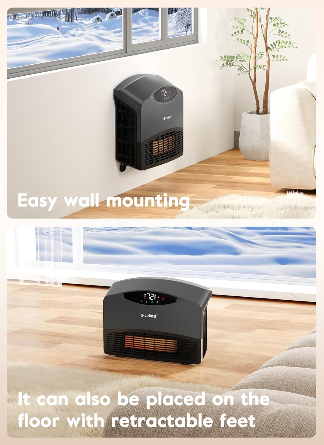 Givebest Smart Wall Heater With Wifi And Remote Control, 1500W Space Heater For Bedroom, Floor Or Wall Mounted Heater, 3 Heating