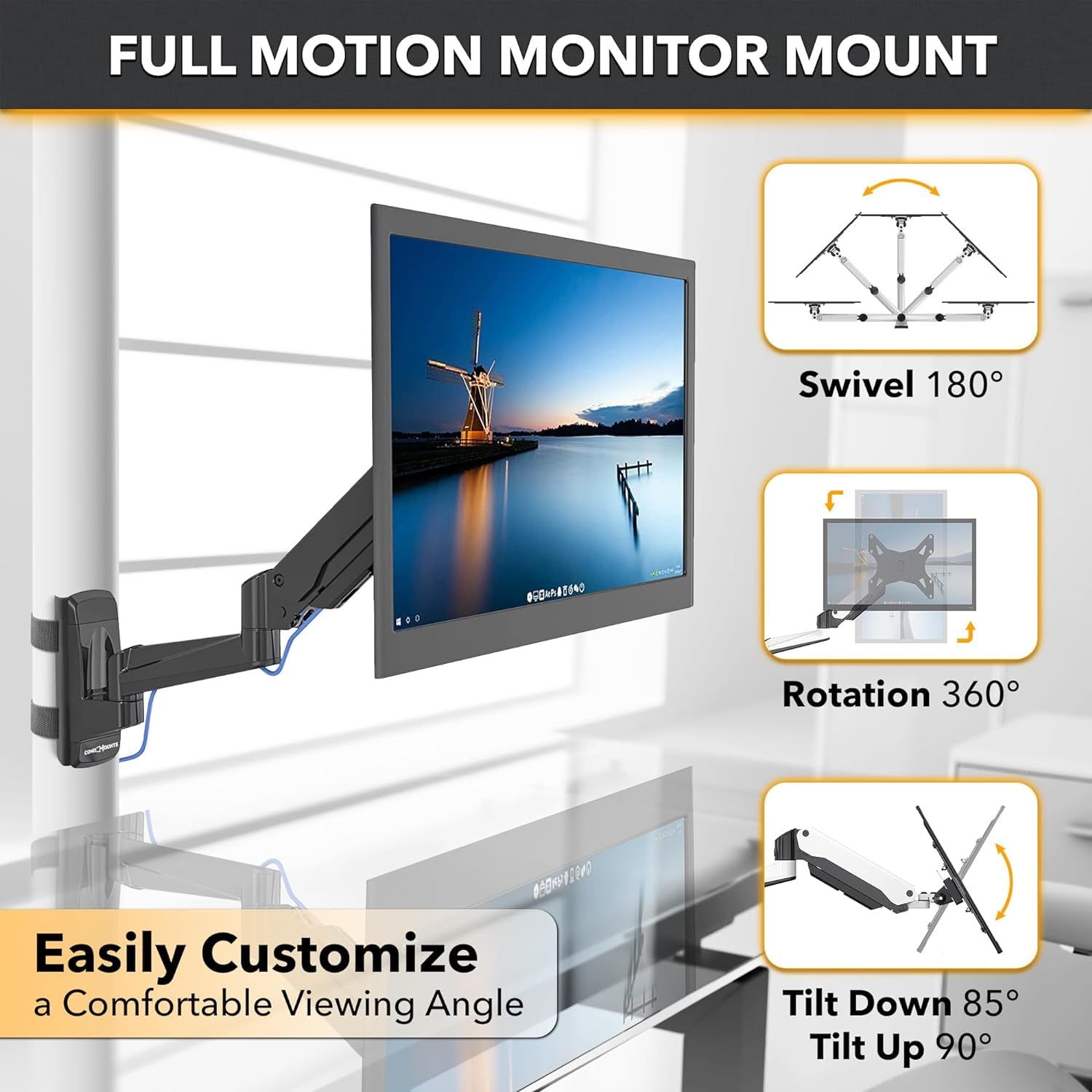 Condomounts Clmmmab2022 Full Motion Pillar Monitor Mount | Workbench Monitor Mount | Pallet Rack | No Drill | Gas Spring Arm Wit