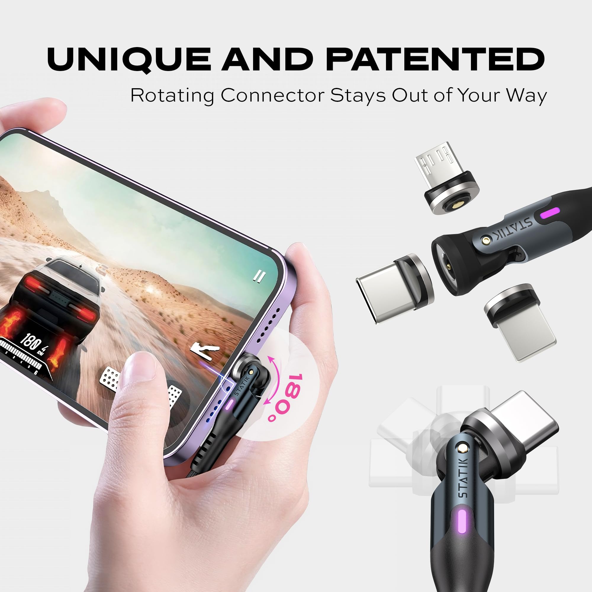 Statik 360 Rotating Magnetic Charging Cable   Magnetic Usb C Charging Cable, 3 Magnet Tips For Magnetic Charger Cable, Iproduct,