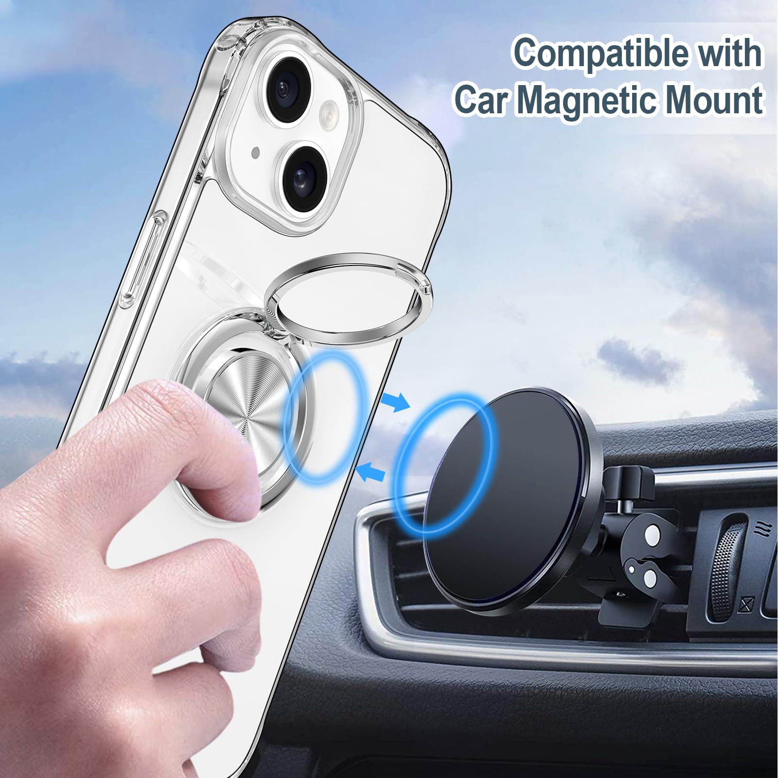 Hython Clear For Iphone 15 Case With Ring Stand [360 Rotatable Ring Holder Magnetic Kickstand] [Support Car Mount] Transparent H