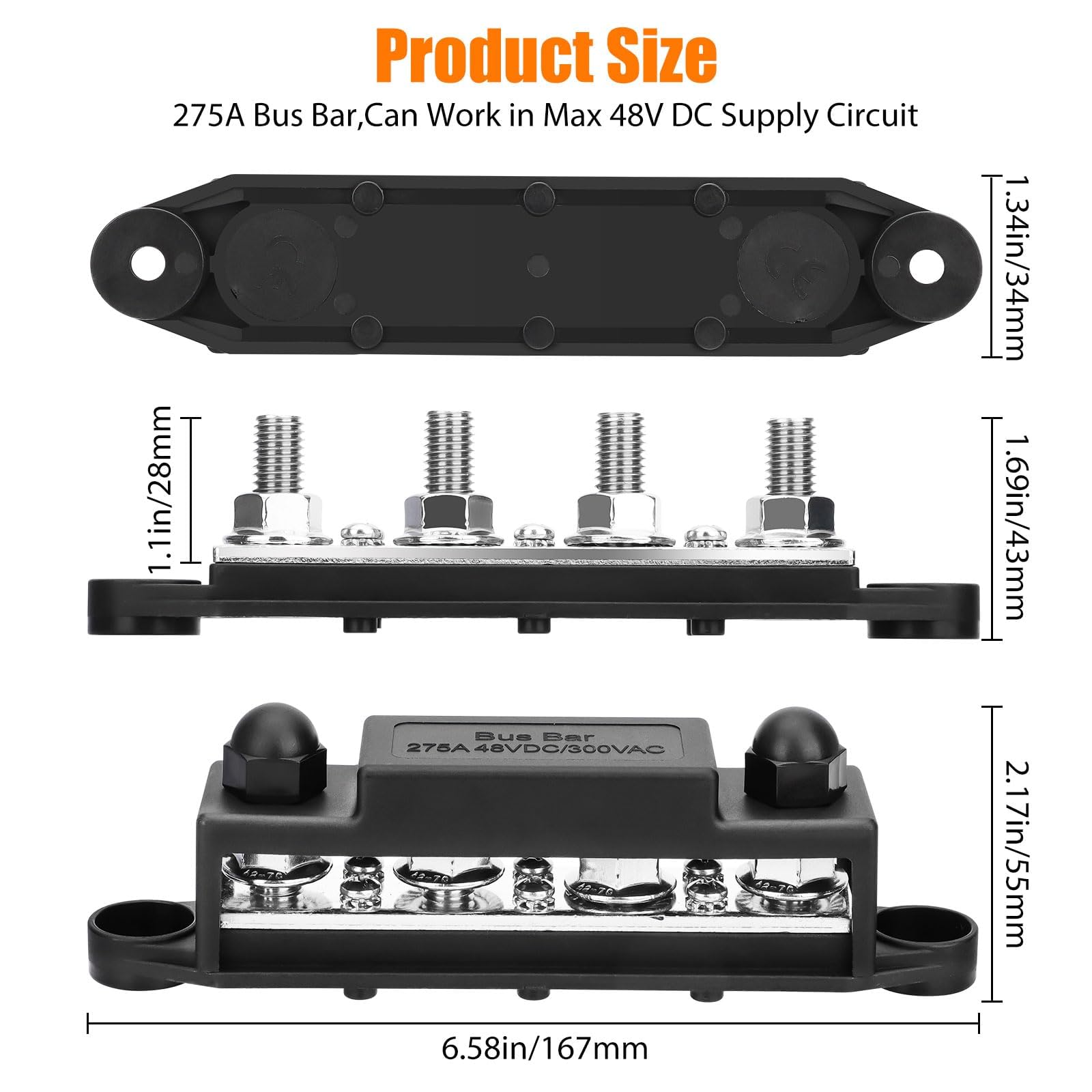 Linkstyle Power Distribution Block, 275A 12V 48V Marine Bus Bar, Battery Busbar Terminal Block, For Automotive Car Rv Boat Solar