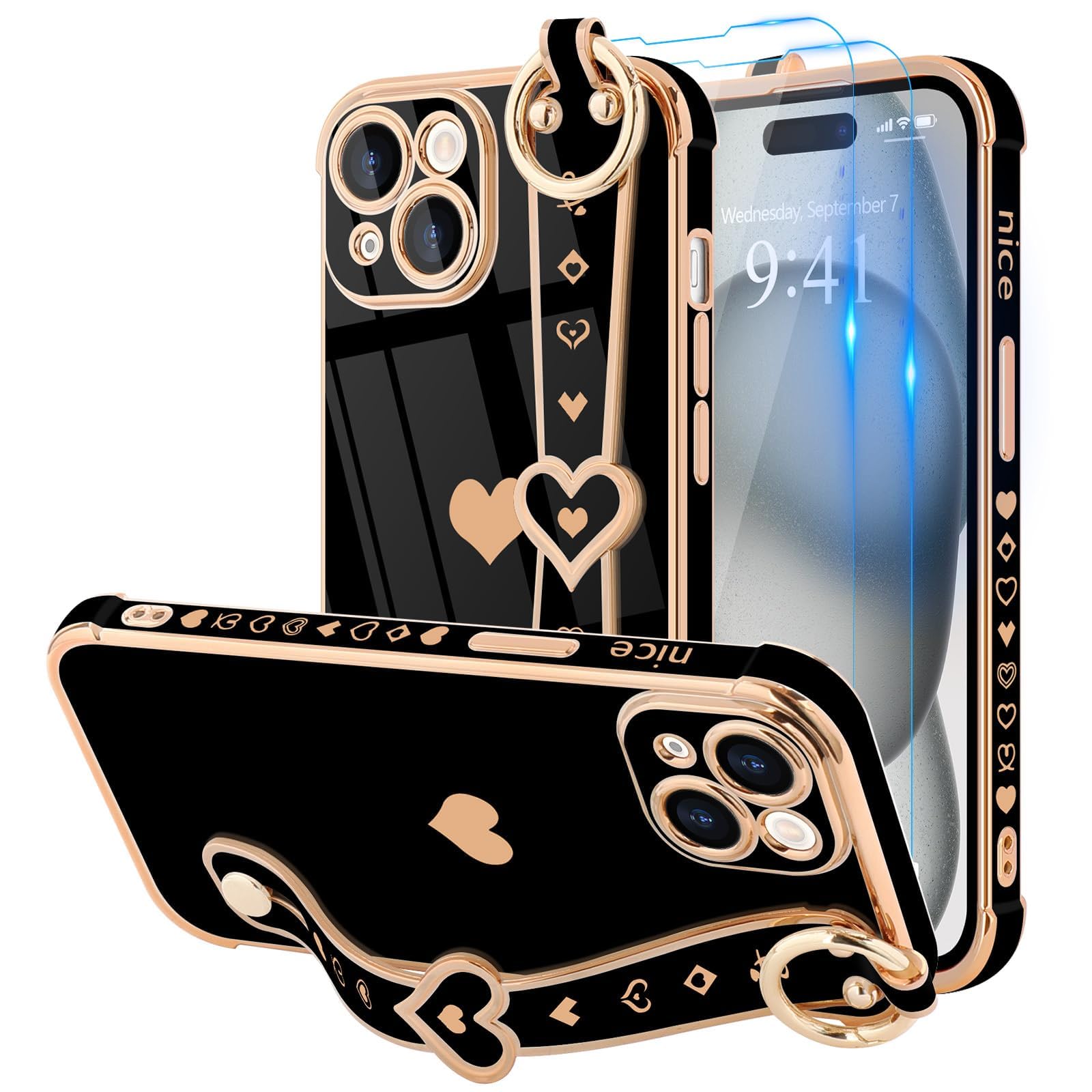 Llz.Coque For Iphone 15 Case With Strap For Women Girls [2   Screen Protectors], Cute Love Hearts Design, Wristband Kickstand Lu