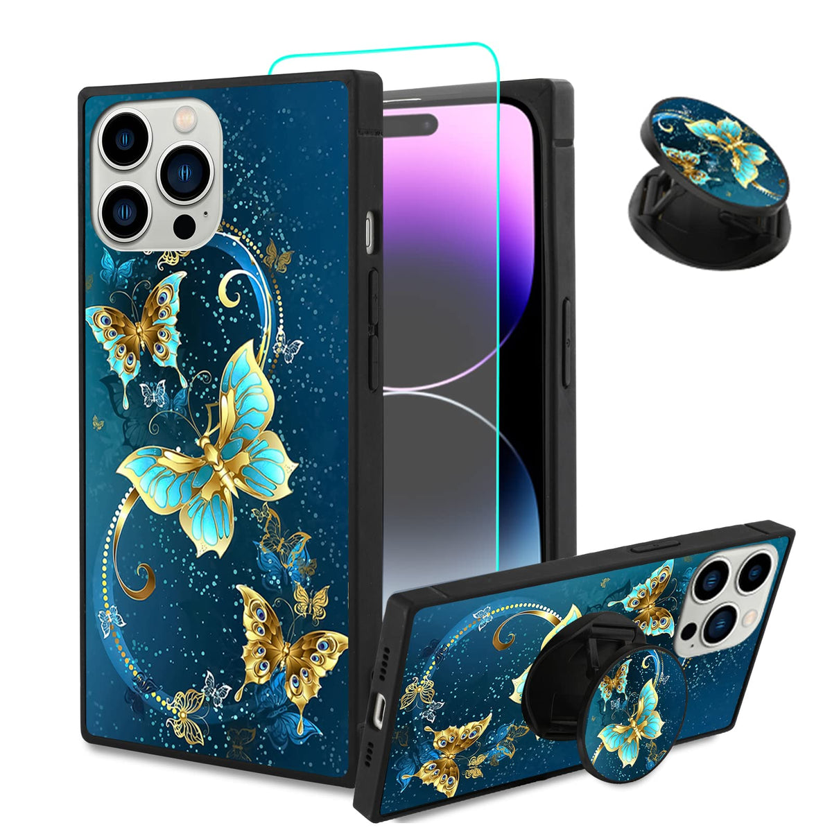 Sakuulo Iphone 14 Pro Case,[Screen Protector + Kickstand] Square Cute Blue Butterfly Print Design Soft Tpu Edge Protection Shock