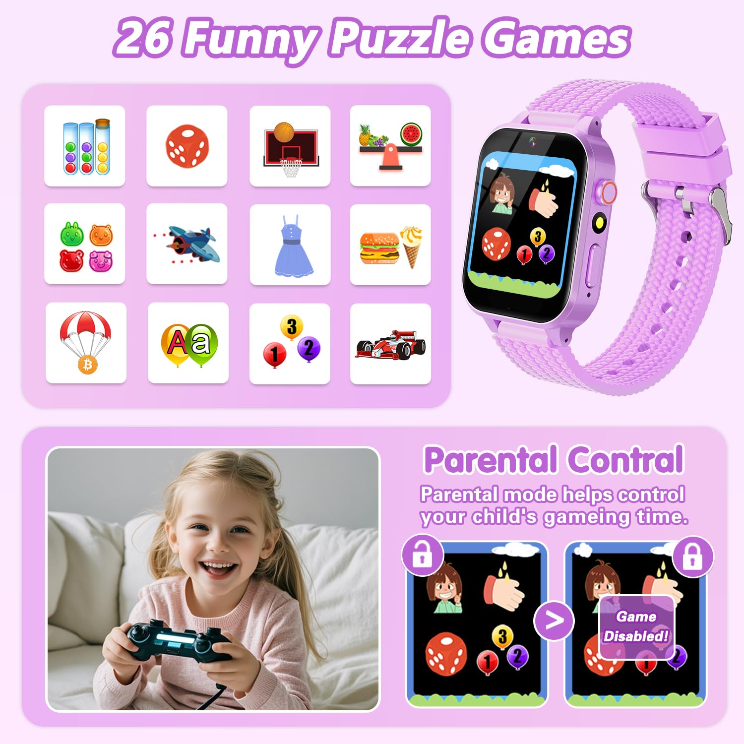 Smart Watch For Kids Girl Gift Ages 3-12, 2 Screen Protector, 26 Puzzle Games, Hd Camera Video Music Player Touchscreen Pedomete