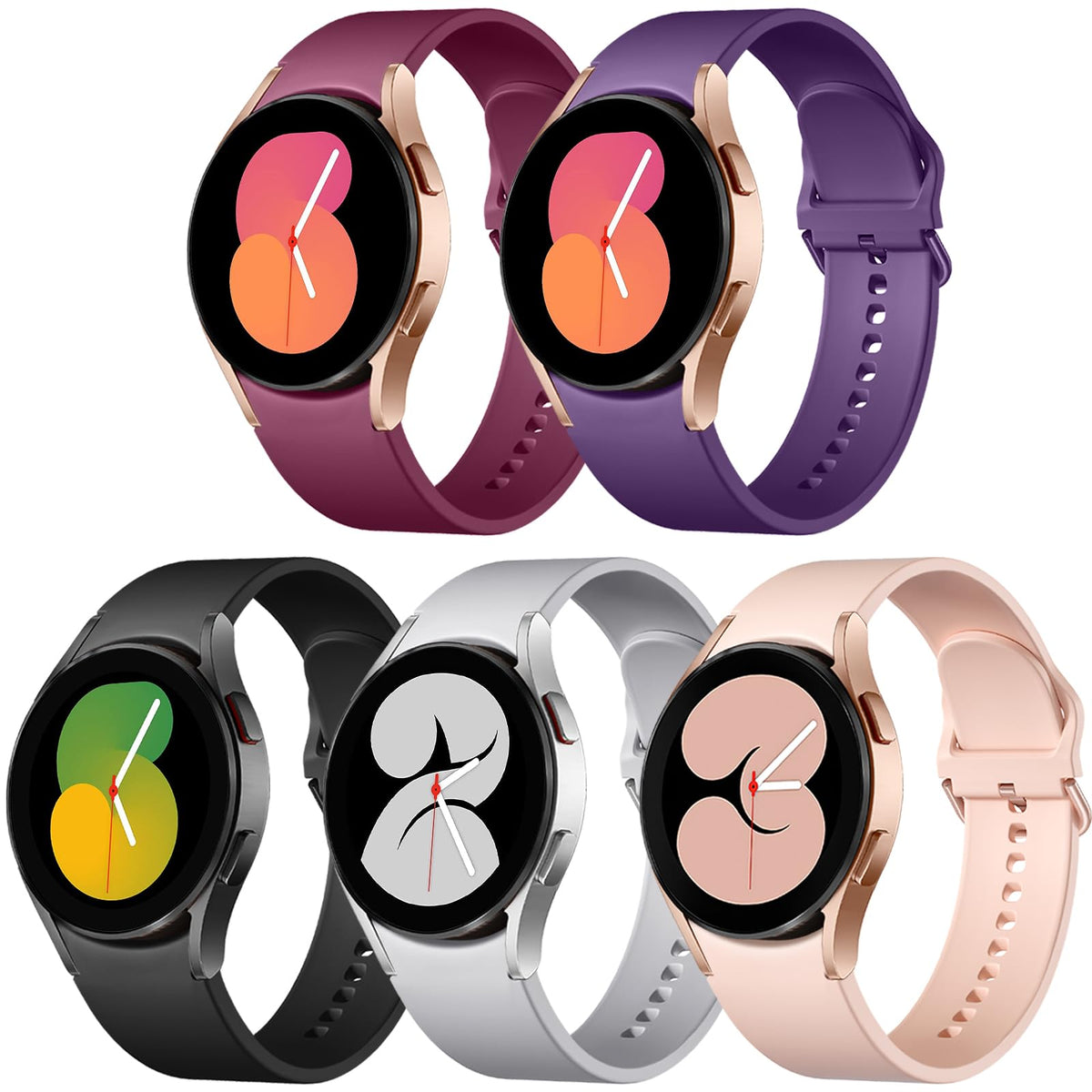 Lerobo 5 Pack No Gap Bands Compatible With Galaxy Watch 6/5/4 Band/Watch 5 Pro Band/Galaxy Watch 4 Band,20Mm Soft Silicone Sport Strap For Samsung Watch 5&4 Bands/Watch 4 Classic Bands Women Men