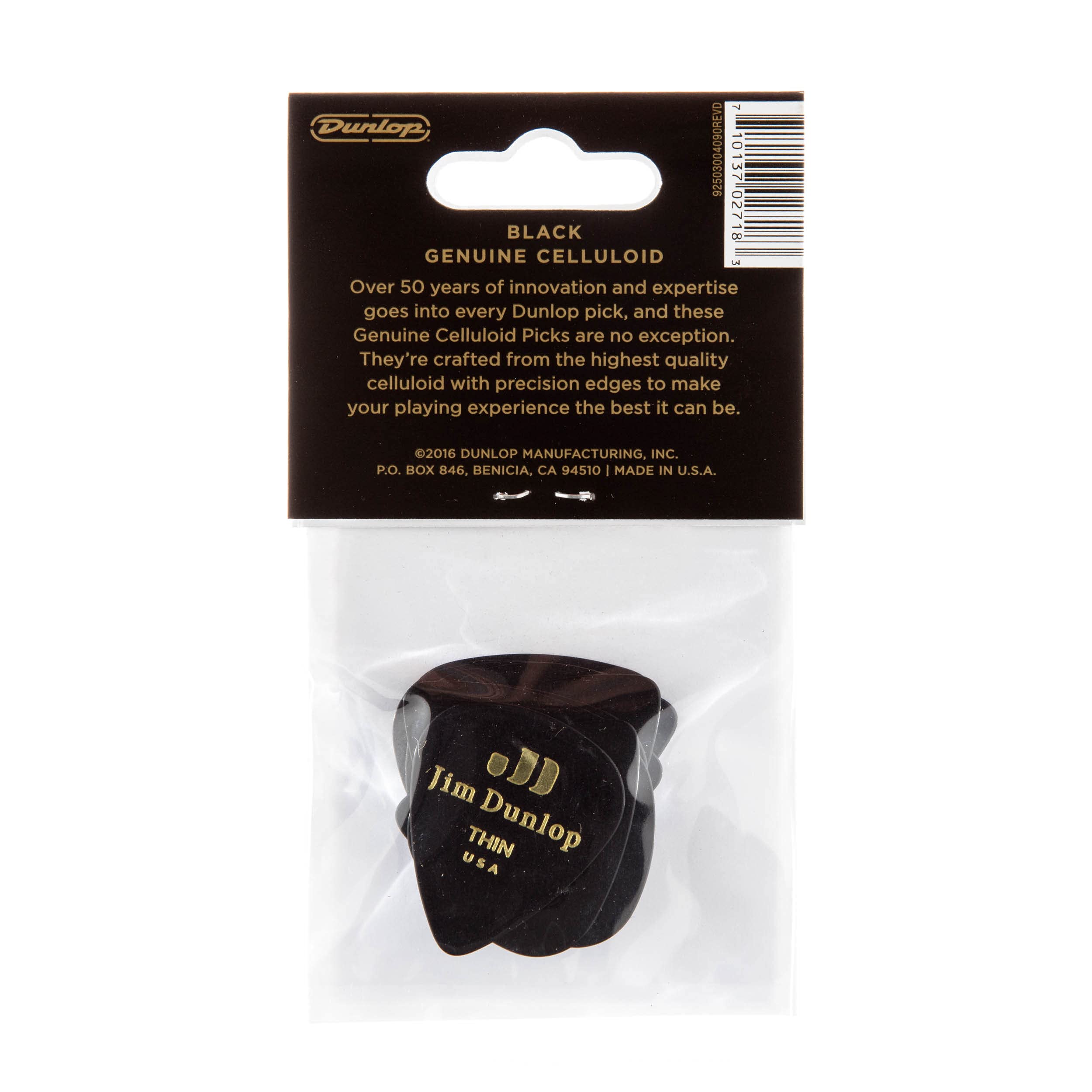 Jim Dunlop 483P03Th Genuine Celluloid, Black, Thin, 12/Player'S Pack