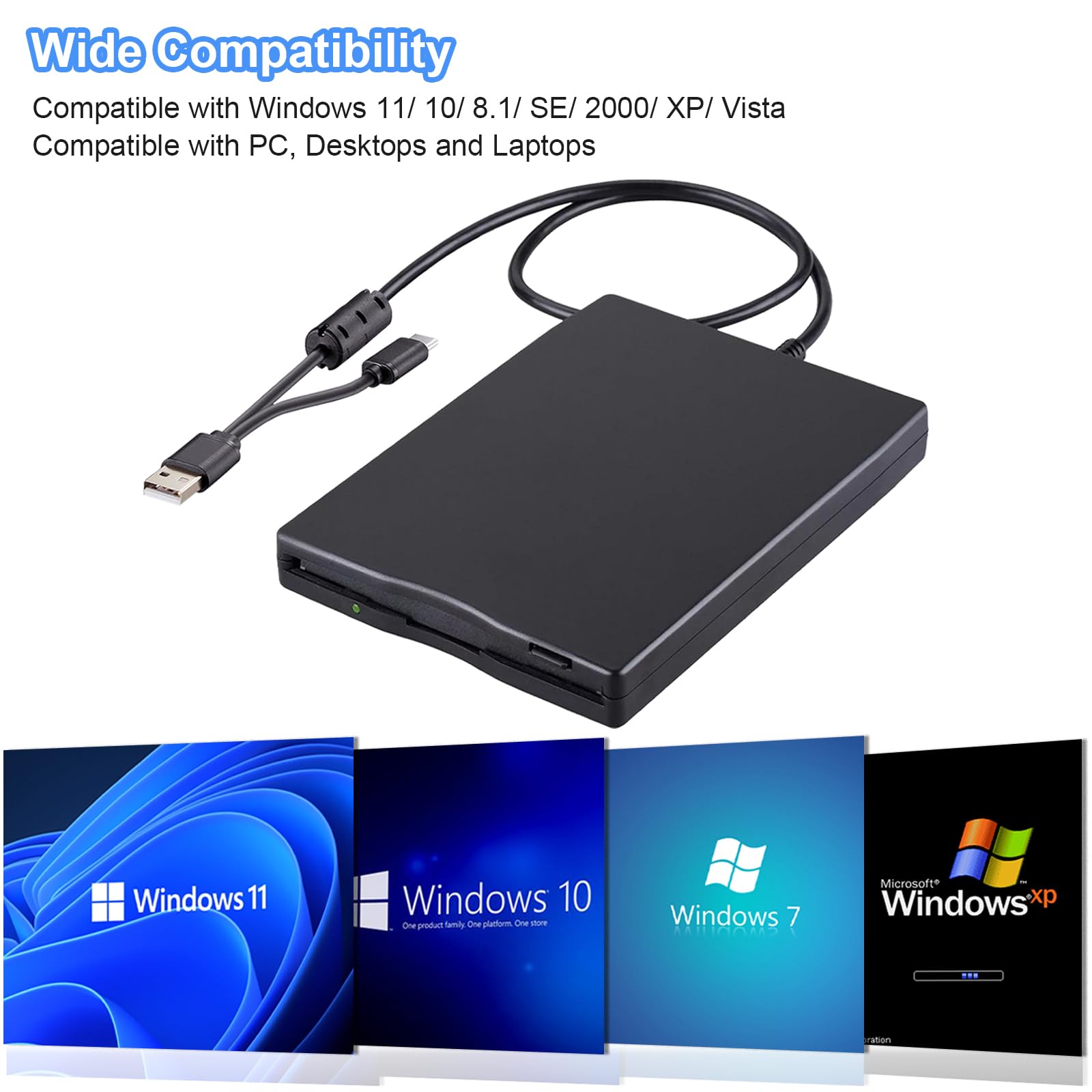Tendak 3.5 inch External USB Type-C Floppy Disk Drive 1.44MB FDD Black
