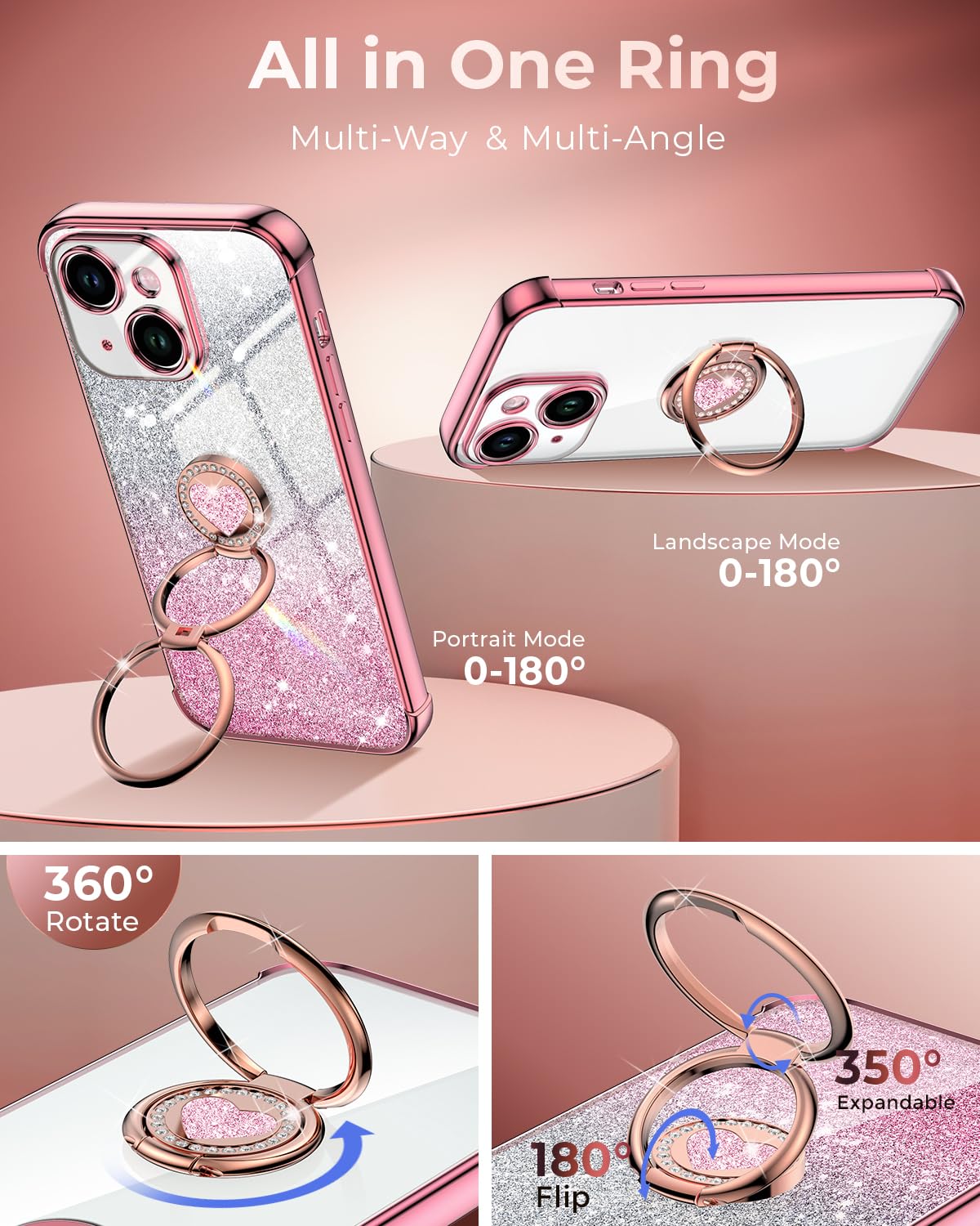 Xyz For Iphone 15 Case With Stand, Phone Case With Double Ring Kickstand, Women Girl Cute Love Heart Luxury Bling Tective Case H