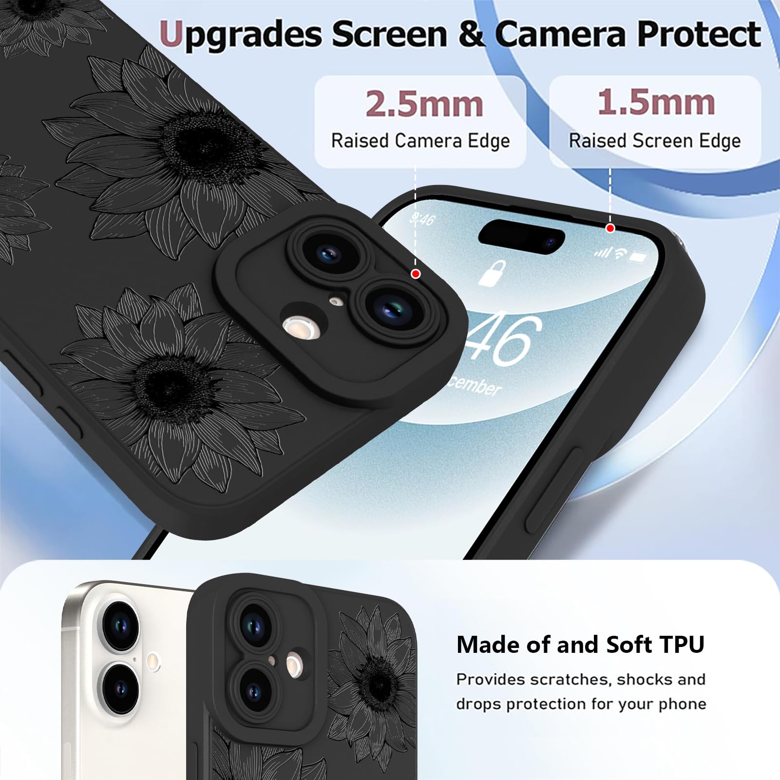 Ook Floral Case For Iphone 16 Case, Cute Sunflower Floral Blooms Design Soft Tpu Shockproof Protective For Women Girls Phone Cov