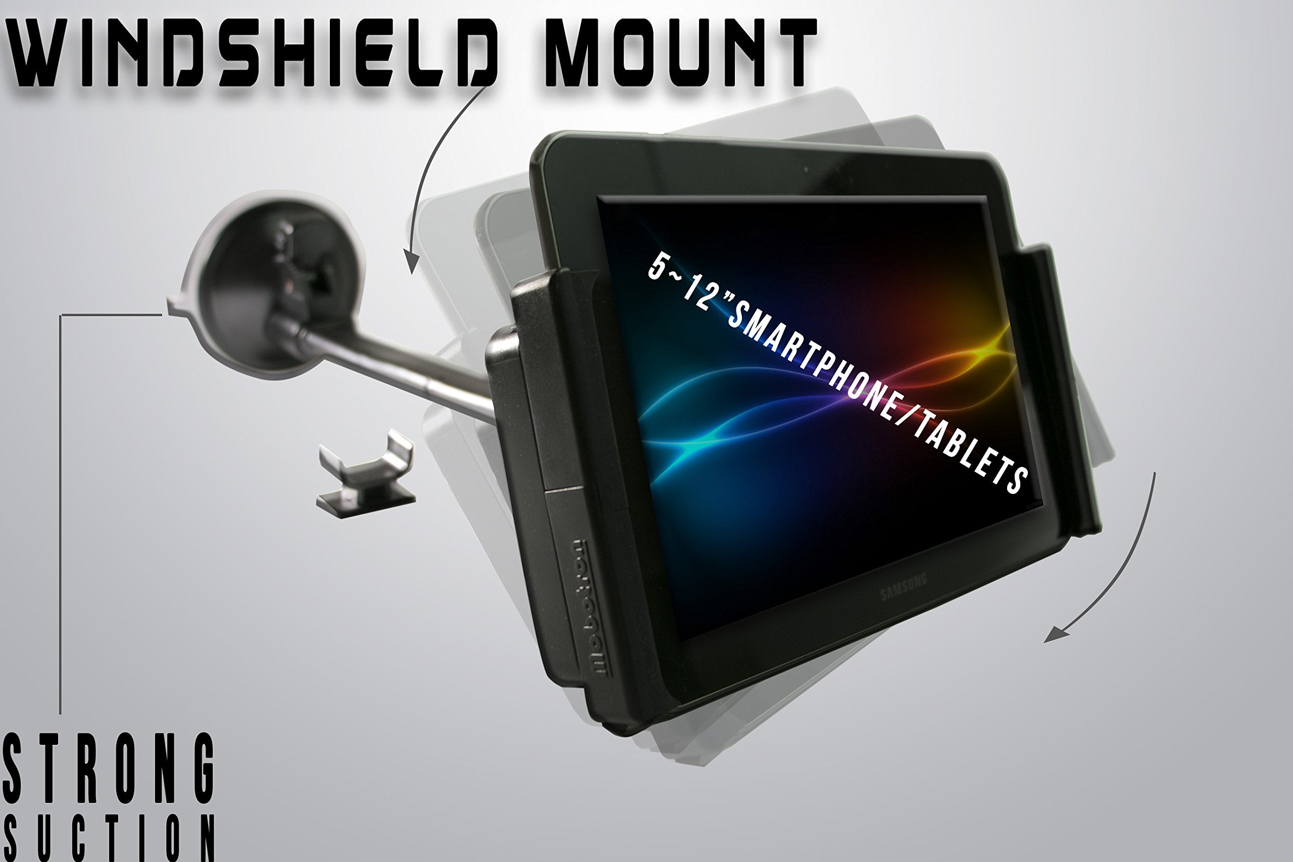 Mobotron Car Windshield Mount For 5'' To 12'' Smartphones & Tablets, Heavy Duty, Strong Suction Cup, U Shaped Holding Base, Acce