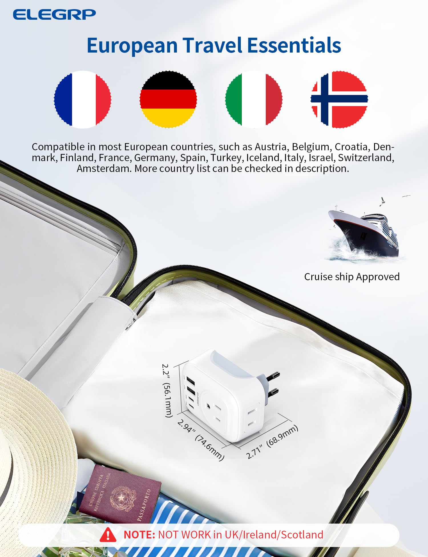Elegrp European Travel Plug Adapter, Us To Europe Plug Adapter Converter With Two Usb A Ports And Two Usb C Ports, Type C Adapte