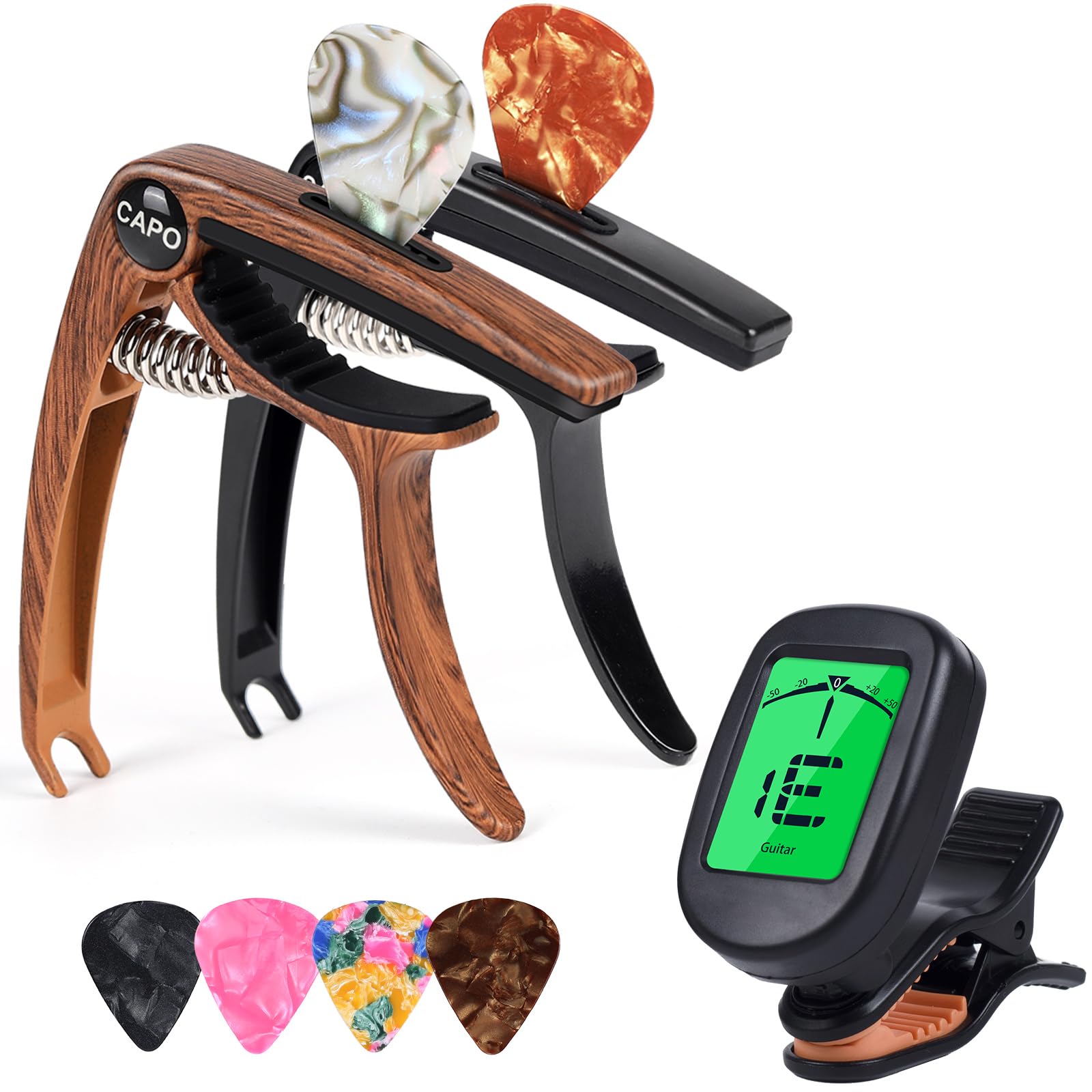 Moom 2Pack Quick Release 6String Acoustic Guitar Capo And Guitar Tuner Combo For Electric Guitars, Bass, Ukulele  BuzzingFre