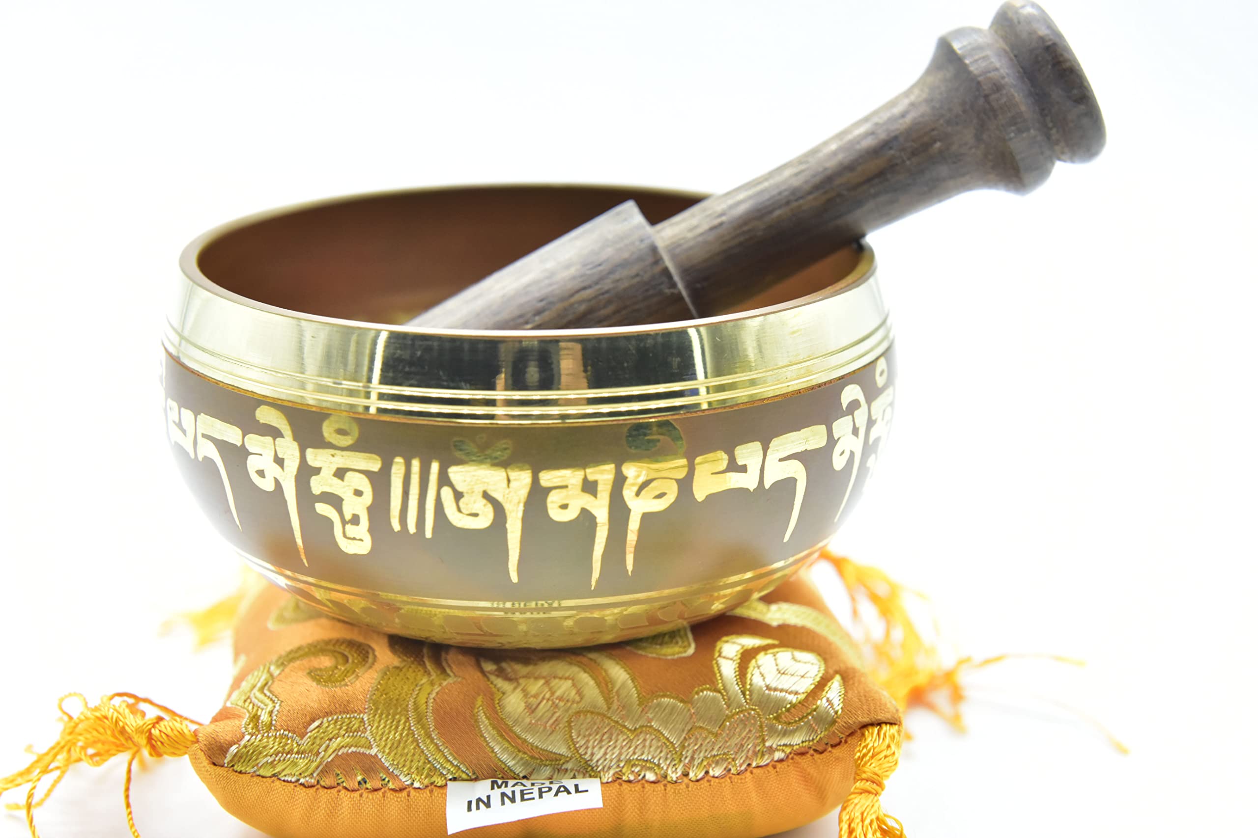 3.75'' Tibetan Meditation Yoga Singing Bowl Green Set With Free Wooden Mallet And Silk Cushion From Nepal, Singing Bowls. (Orang