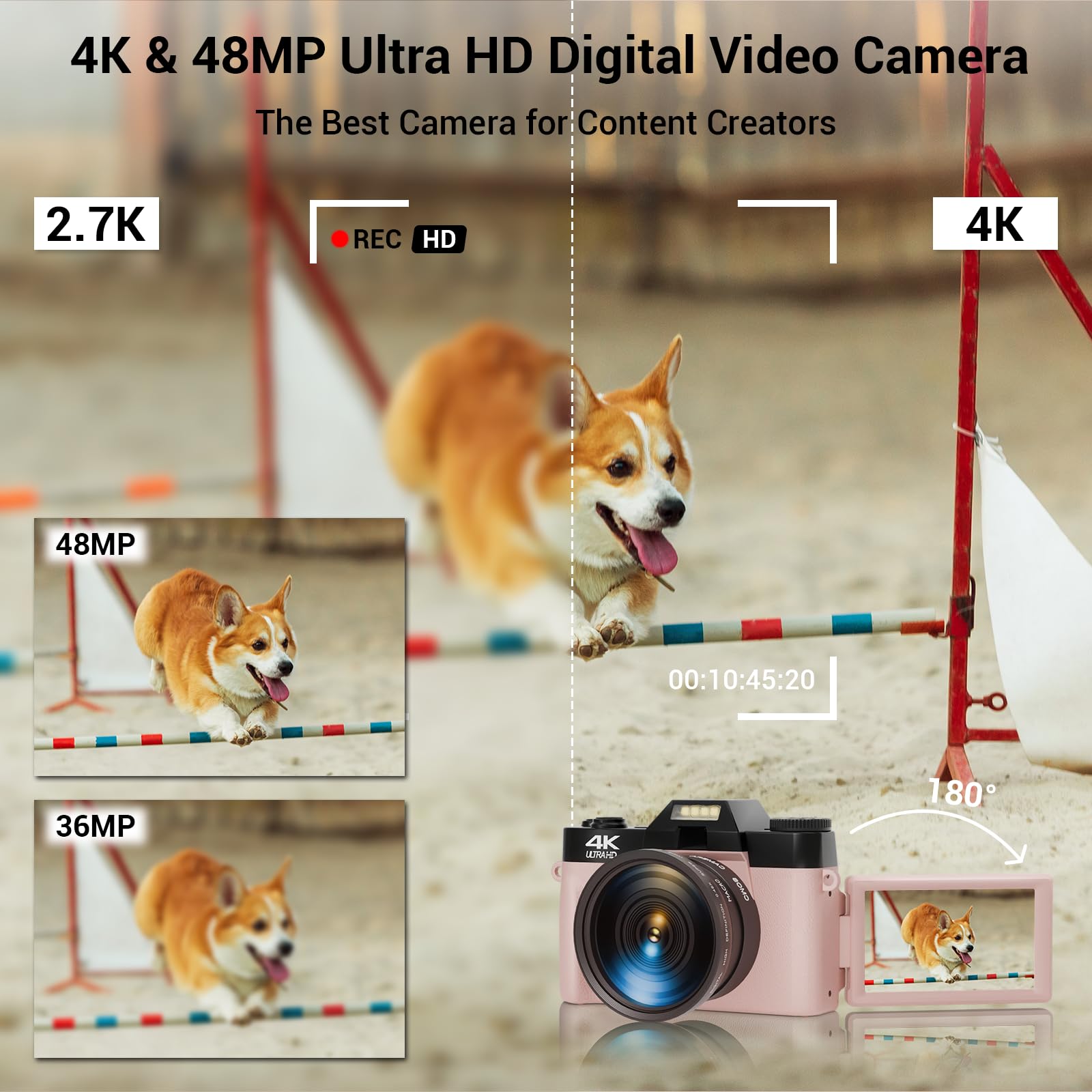 4K Digital Camera For Photography, 48Mp Vlogging Video Wifi Camera For Youtube With 3'' 180Flip Screen, 64Gb Sd Card, 16X Digita